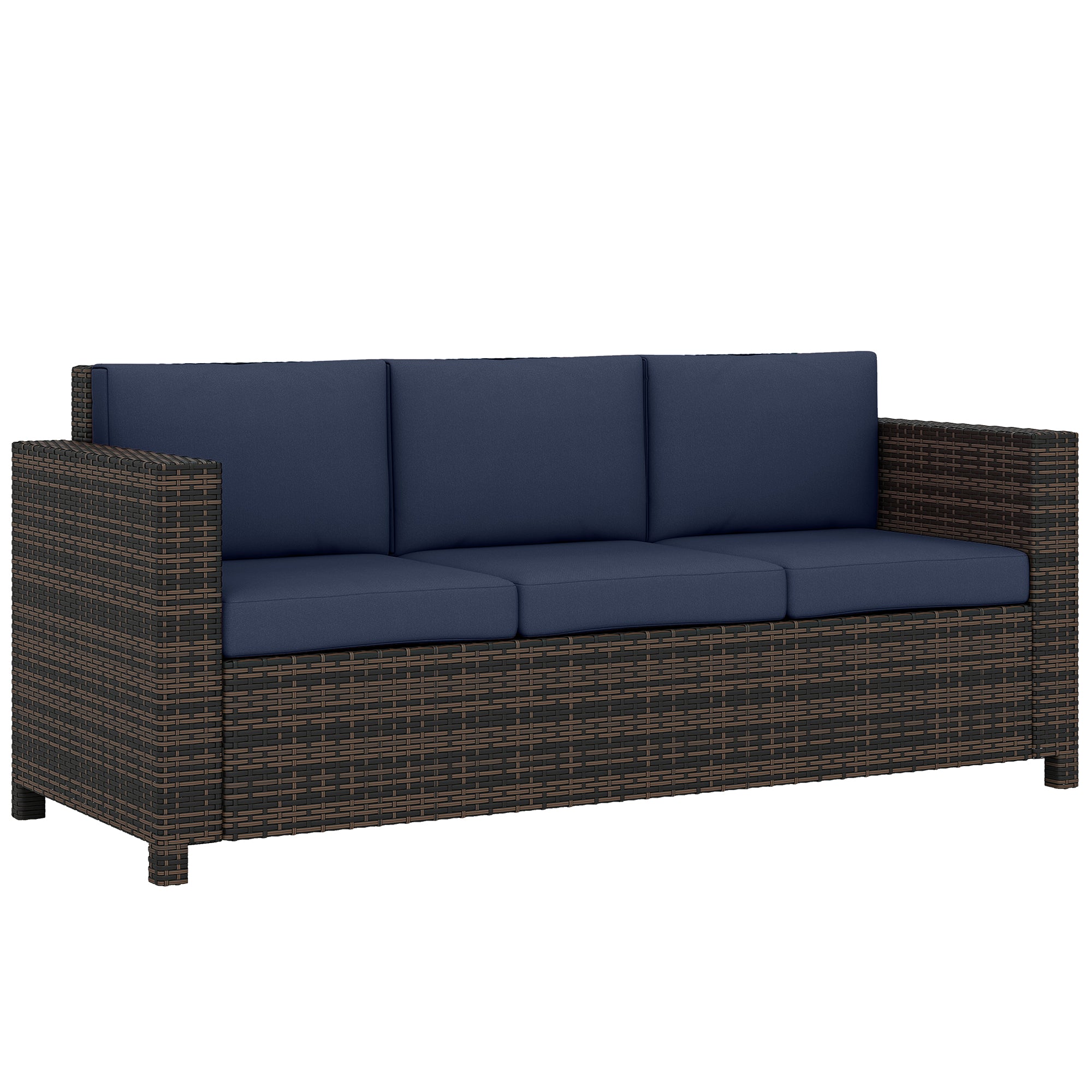 3 Seater Rattan Sofa All-Weather Wicker Weave Metal Frame Chair with Fire Resistant Cushio-Dark Blue