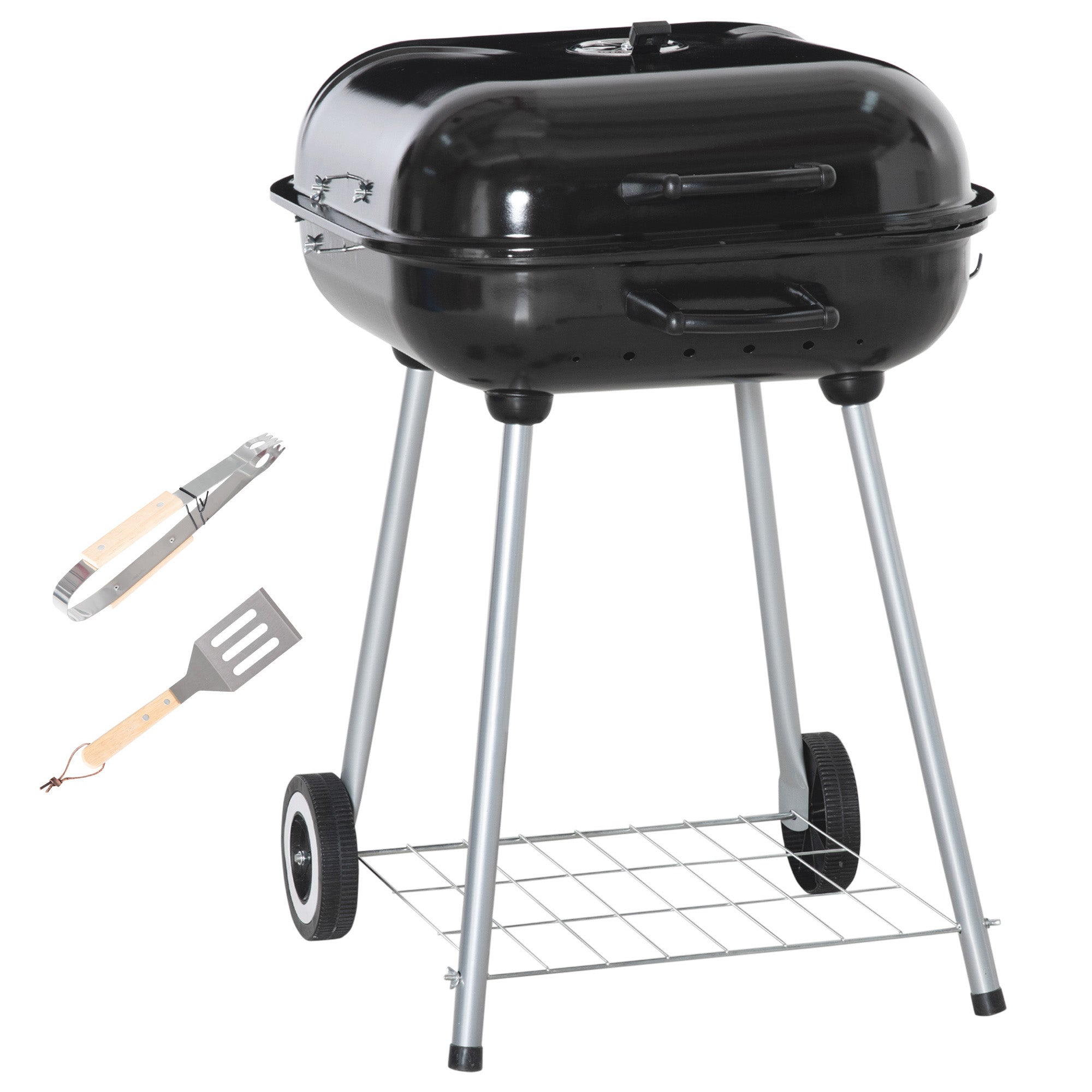 Portable Charcoal BBQ Grill with 2 Wheels and Porcelain Enamel Lid
