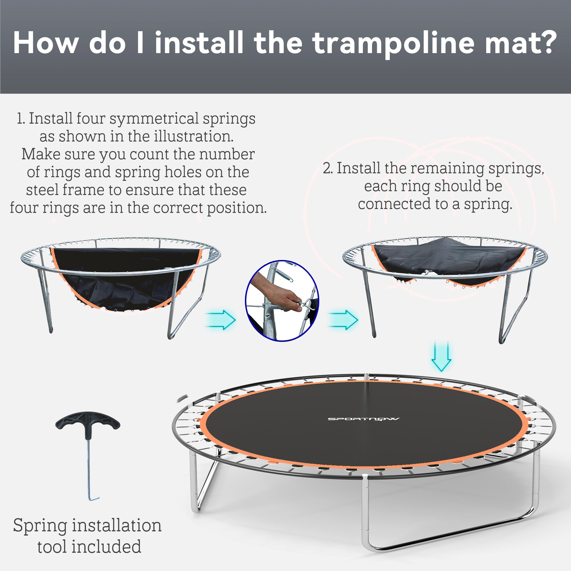 Trampoline Replacement Mat with Spring Pull Tool, 42 V-Hooks, for 8ft Trampoline using 14cm Springs, Orange