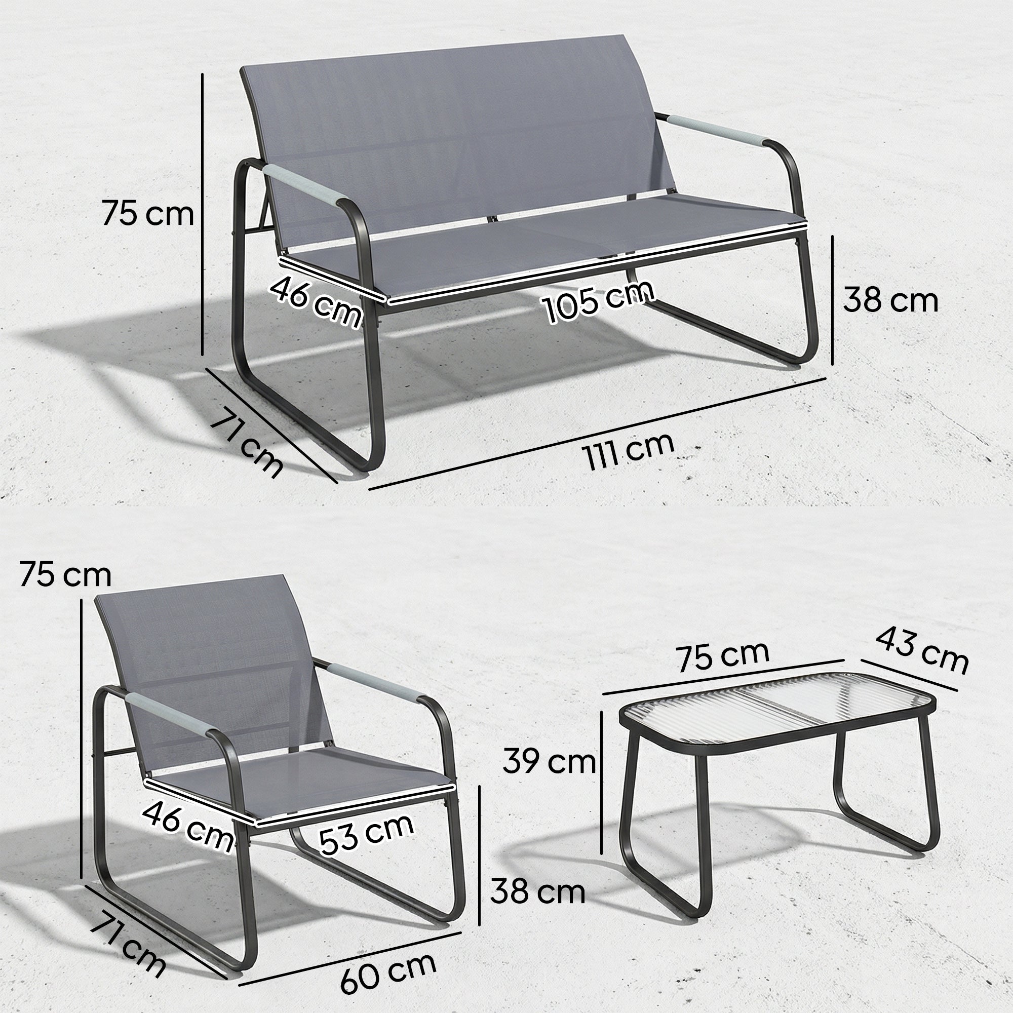 4 Piece Garden Furniture Set, Garden Sofa Set with Loveseat, 2 Armchairs, Tempered Glass Table for Balcony, Grey