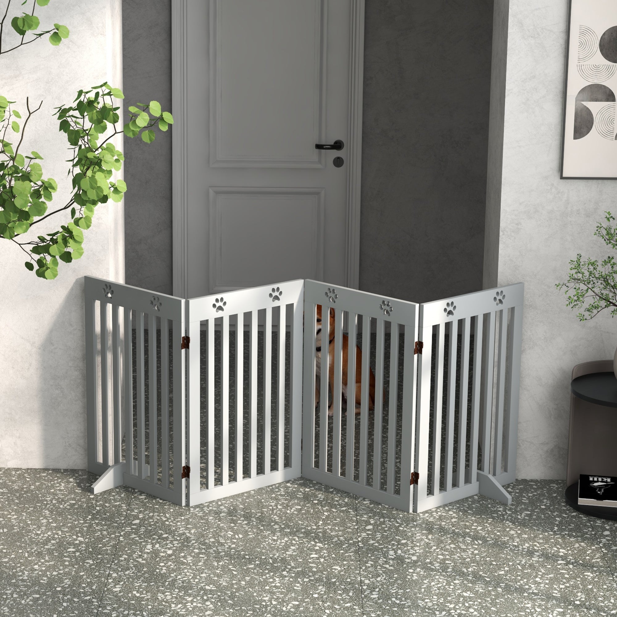 Wooden Pet Gate Foldable Freestanding Dog Safety Barrier w/ Support Feet, Grey