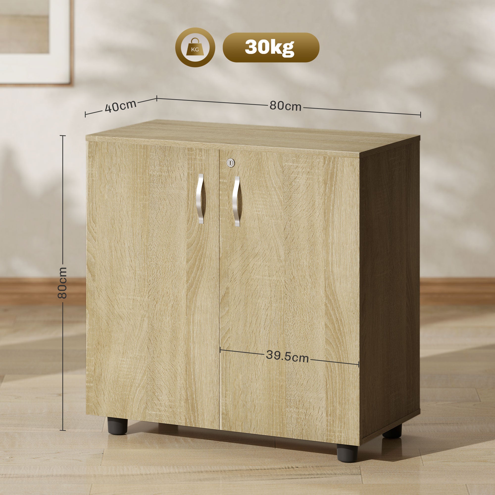 Two-Tier Locking Office Storage Cabinet with Keys - Oak