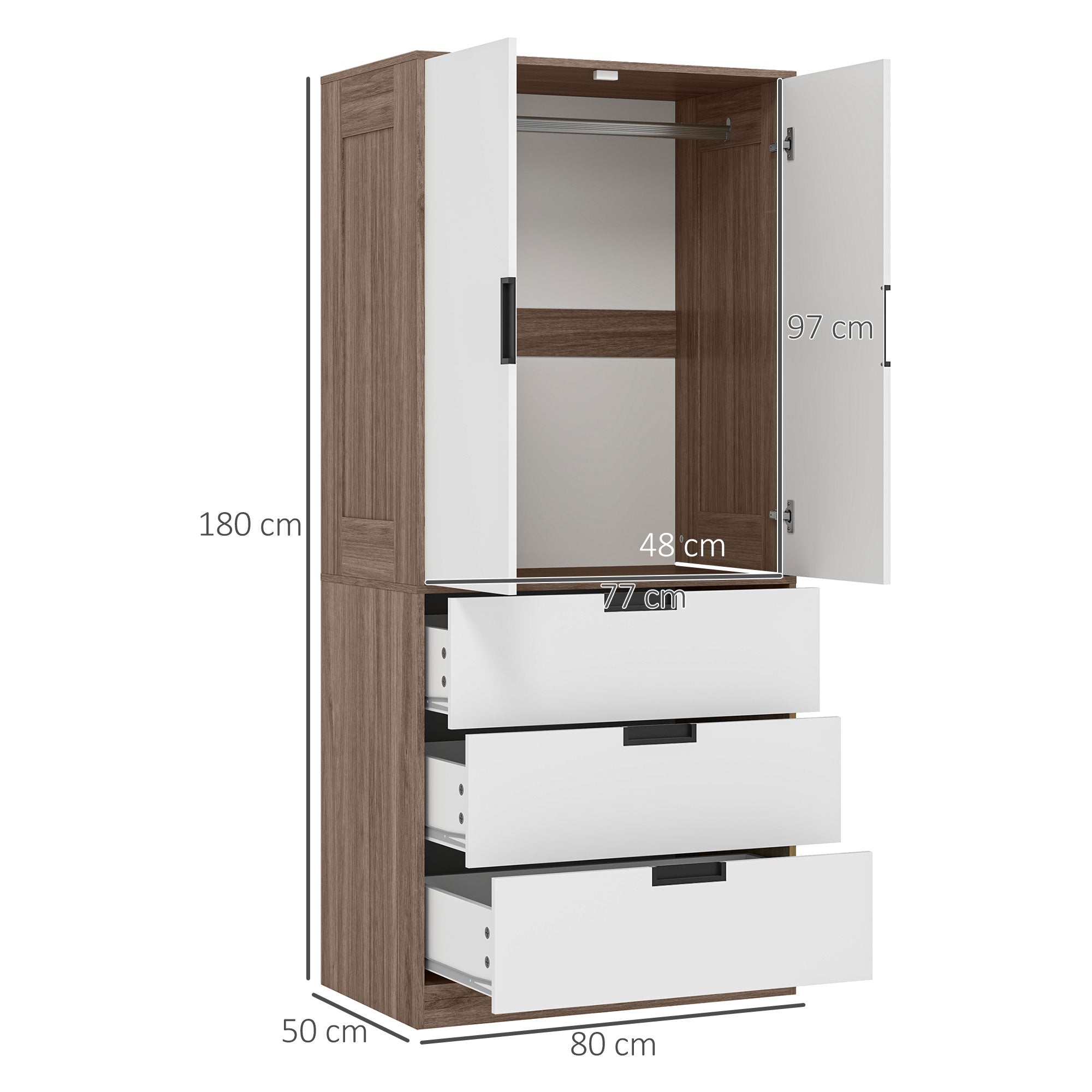 Two Door Two Drawer Wardrobe with Brown Accents - White/Brown