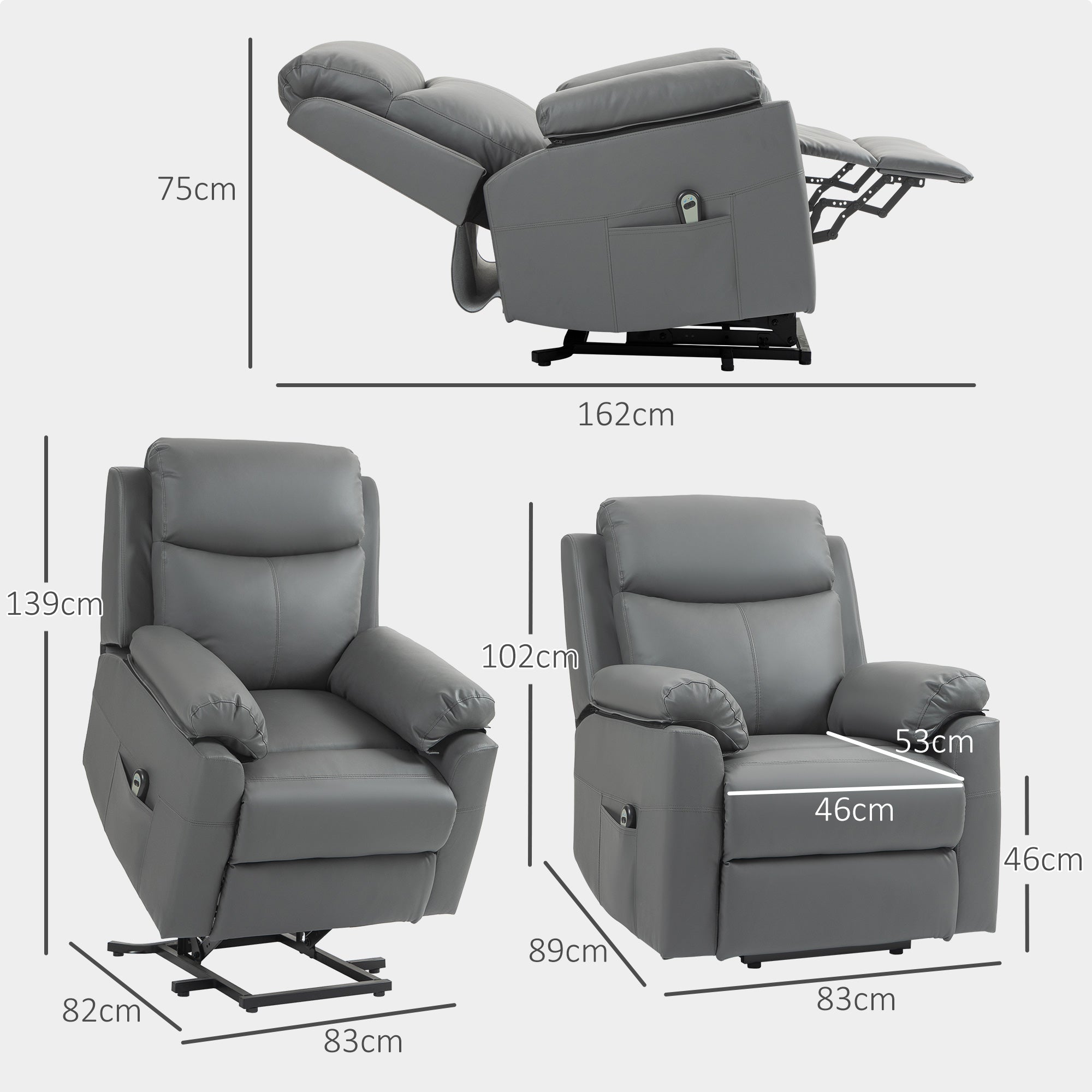 Faux Leather 70° Electric Riser Recliner Chair - Grey