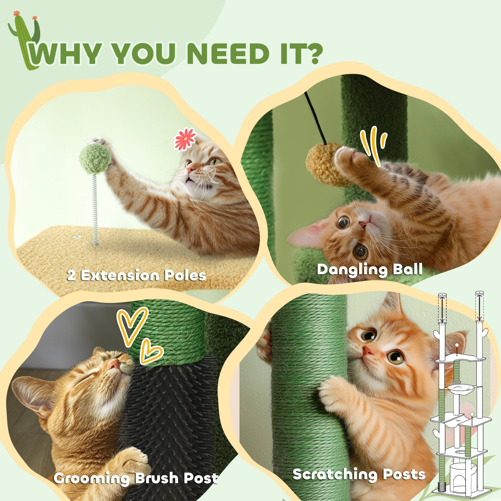 225-255cm Height Adjustable Floor to Ceiling Cat Tree, Tall Cat Tower for Indoor Cats w/ Scratching Posts - Green