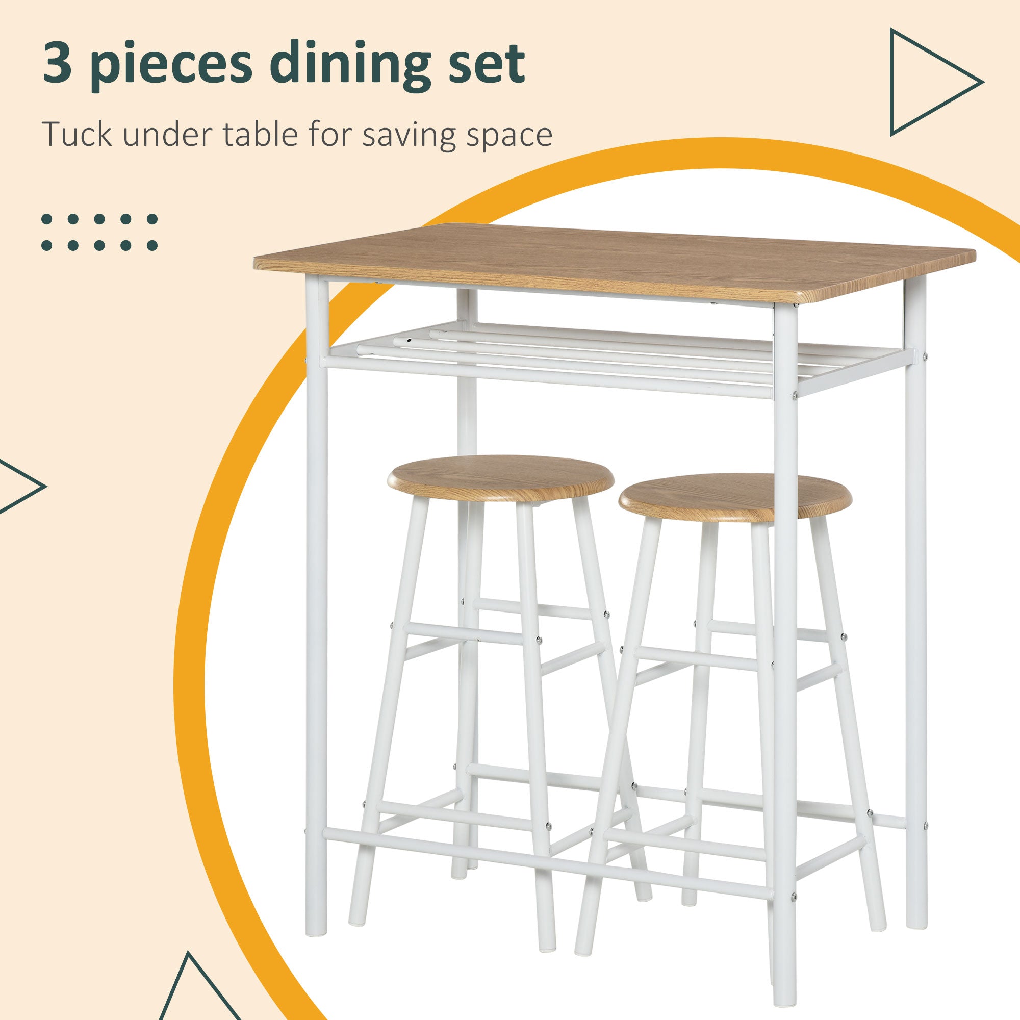 Bar Table Set, Bar Table and Stools Set, Footrest and Storage Shelf, for Kitchen, Dining Room, Pub, Cafe, White and Oak