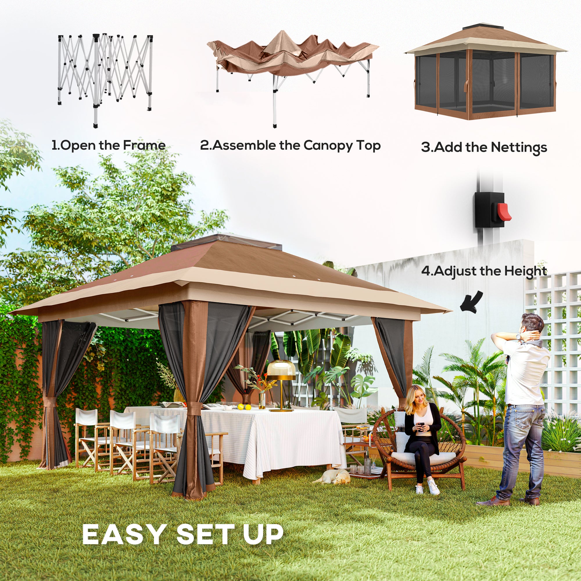 3.6m Pop-Up Gazebo with UPF50+ Canopy and Mesh Lining - Brown