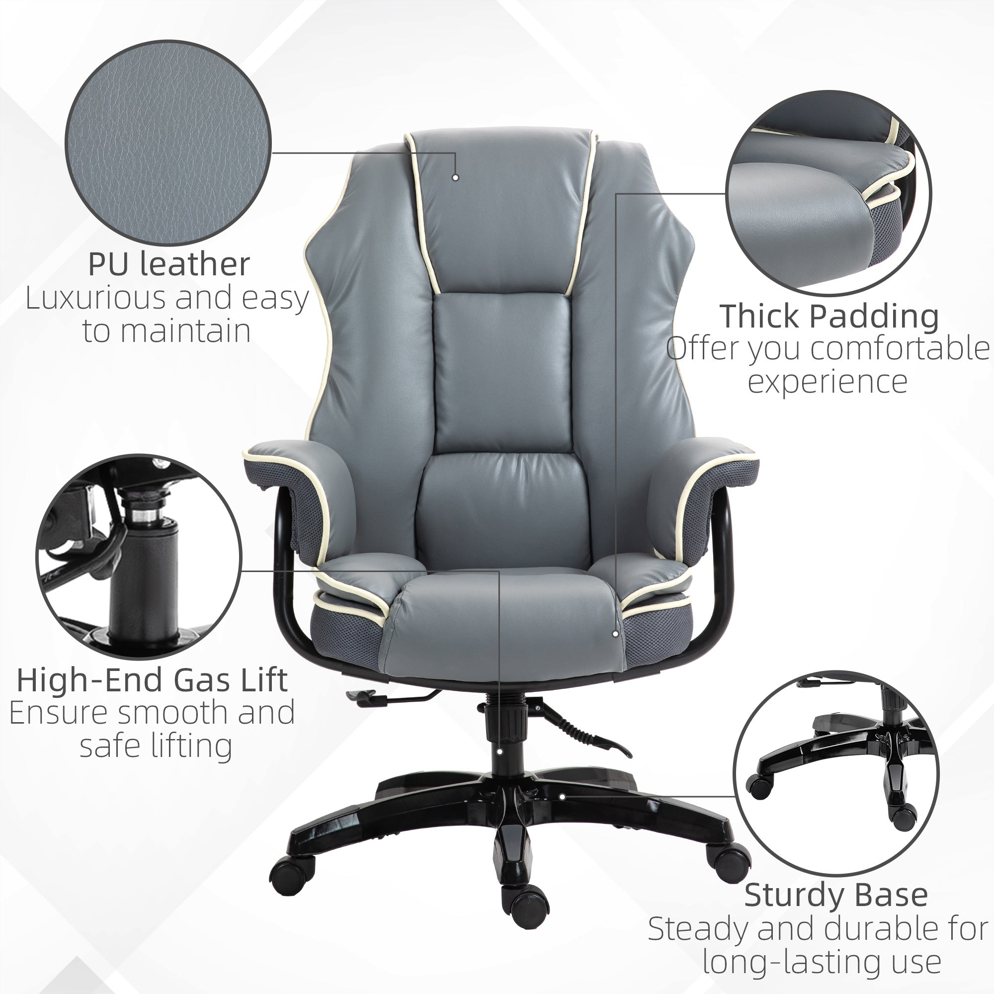 High Back Office Chair, PU Leather Desk Chair, Reclining Swivel Computer Chair for Home, Grey