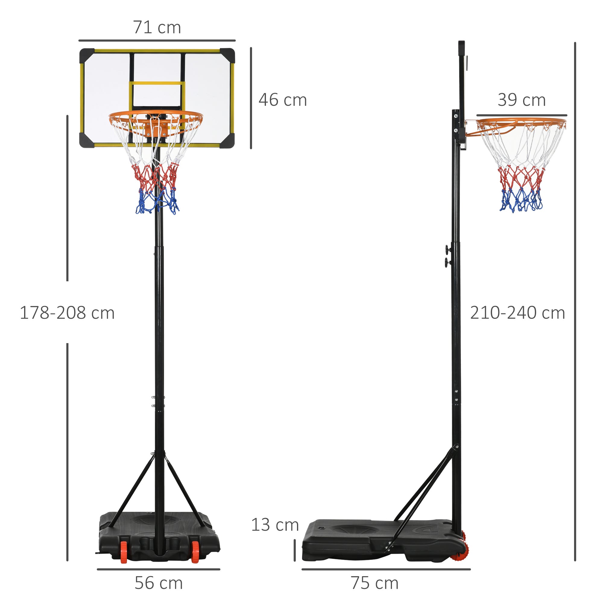 Height Adjustable Basketball Hoop and Stand with Firm Backboard and Weighted Base, Portable on Wheels, Yellow