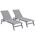 Sun Loungers Set of 2 with Side Tray Table, Garden Recliners with 5-Position Adjustable Backrest, 2 Wheels, Grey