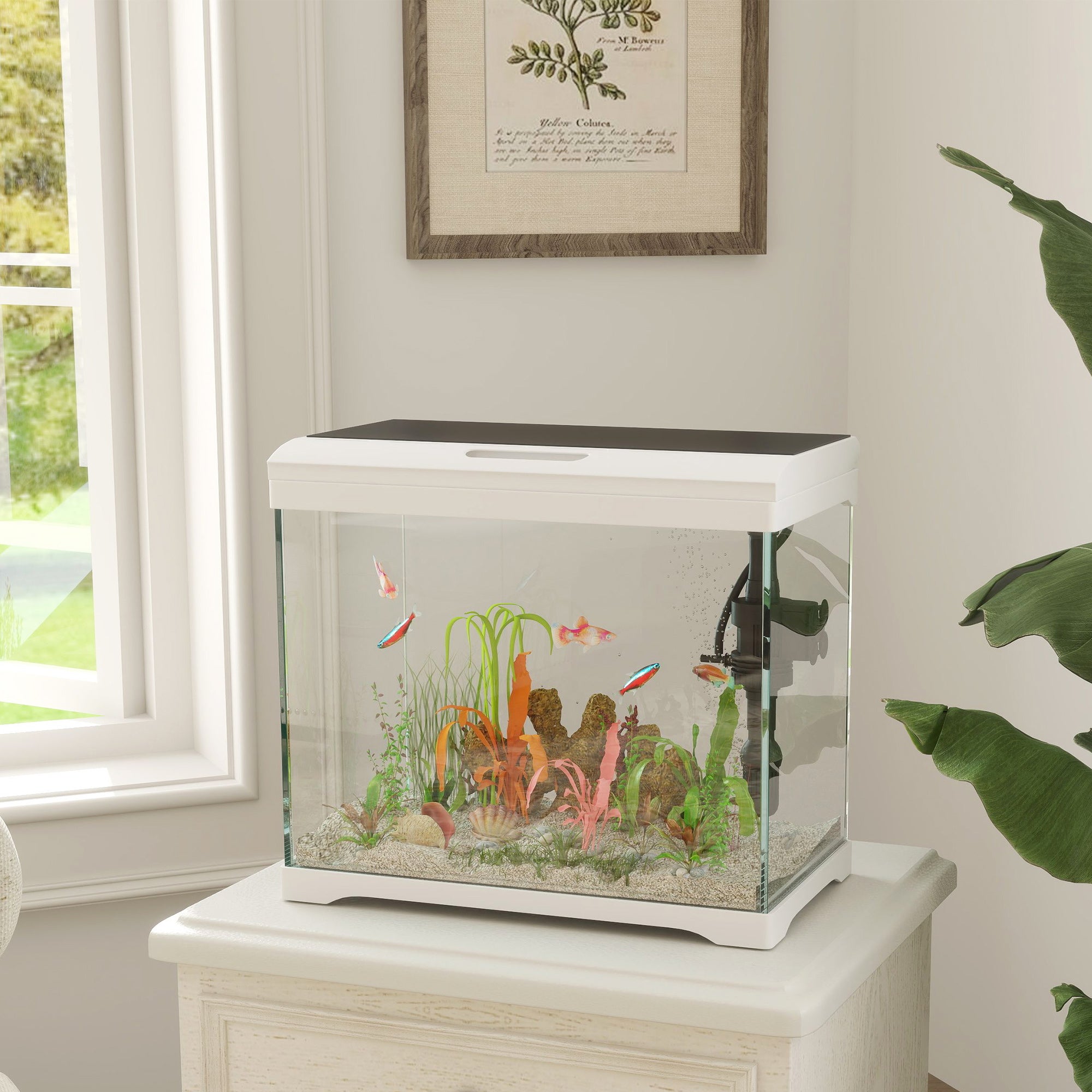 27L Glass Fish Tank with Filter System, LED Light, Water Pump, for Betta, Goldfish, Shrimps, White