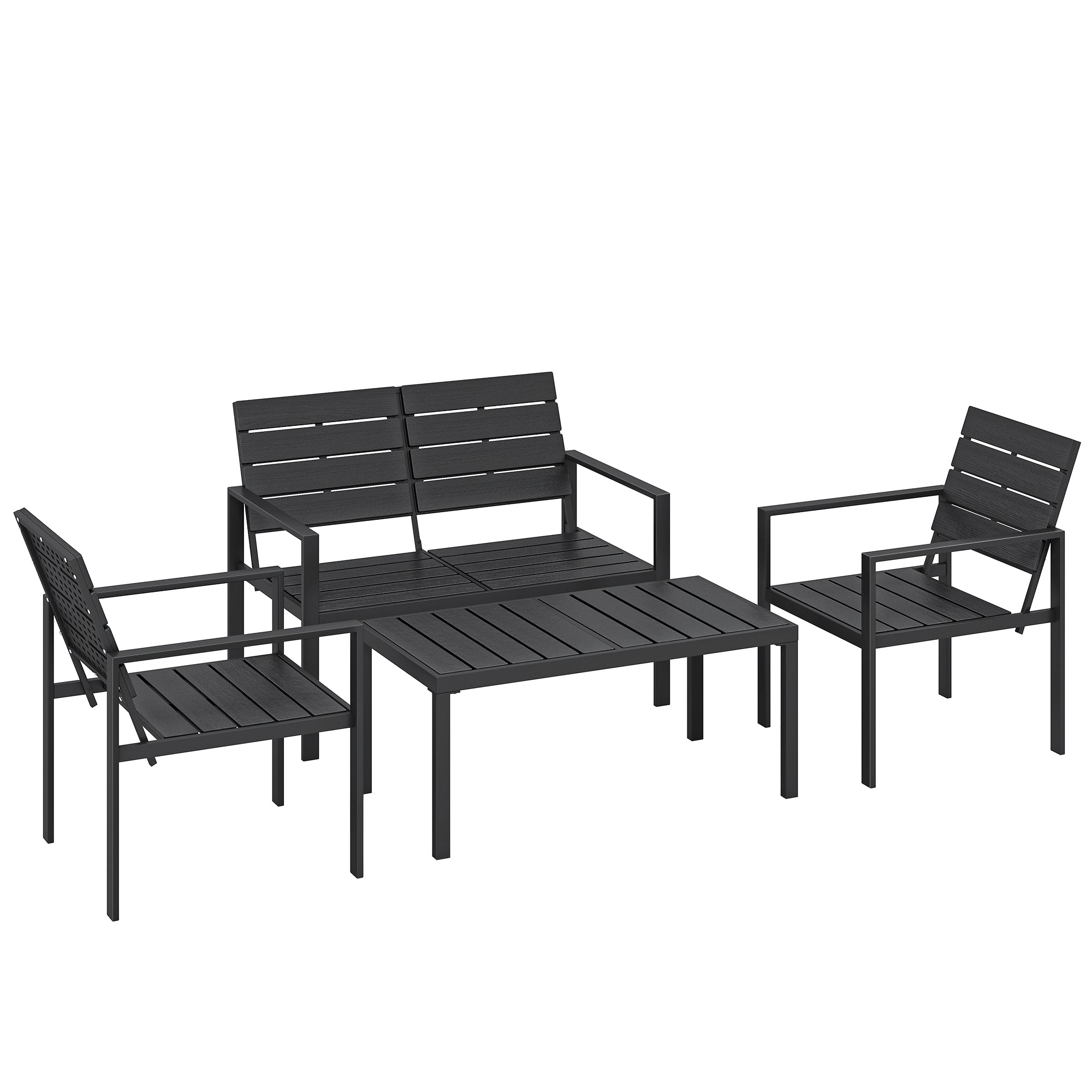 4 Piece Garden Furniture Set, Outdoor Sofa Set with HDPE Slatted Loveseat Armchairs Coffee Table Metal Frame, Black