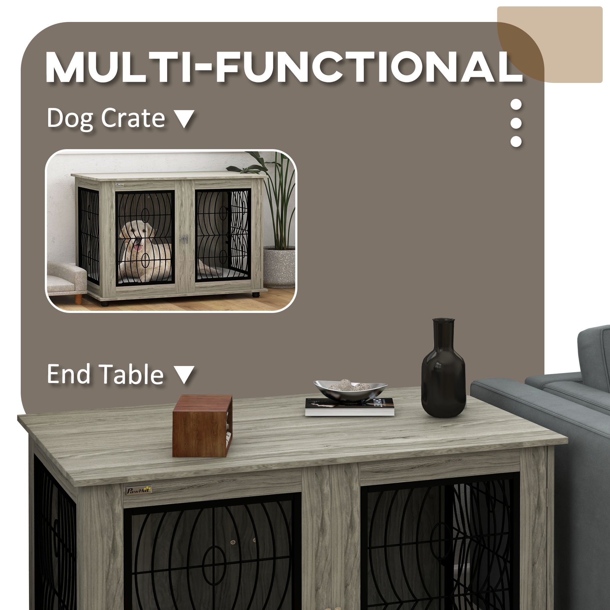 Extra Large Indoor Dog Crate Furniture End Table with Lockable Door and Washable Cushion - Grey