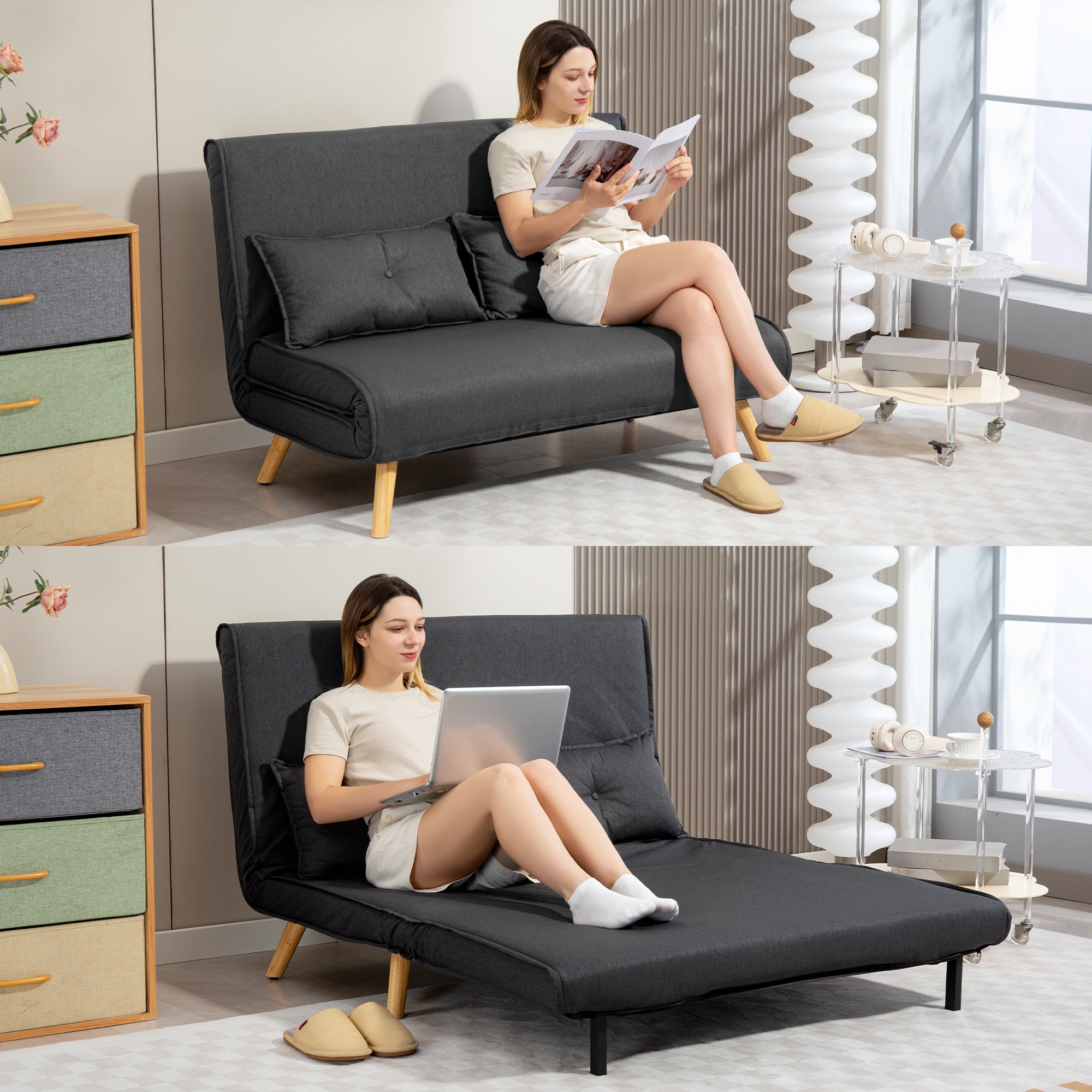 Two-Seater Linen-Look Sofa Bed - Charcoal Grey