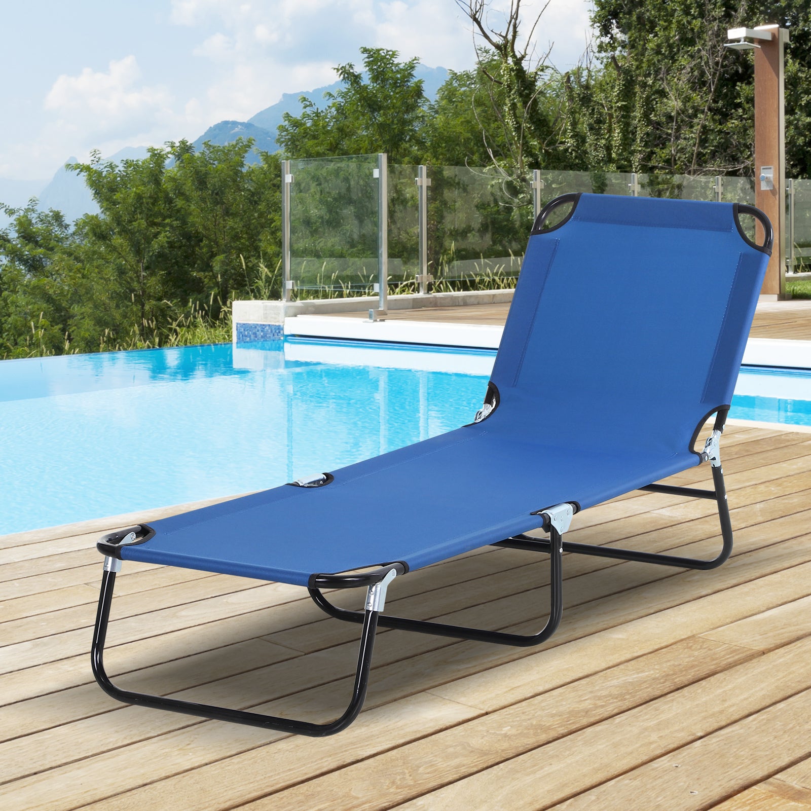 Foldable Sun Lounger with 5-Position Adjustable Backrest, Outdoor Portable Recliner Chaise Lounge Chair with Breathable Mesh Fabric, Blue