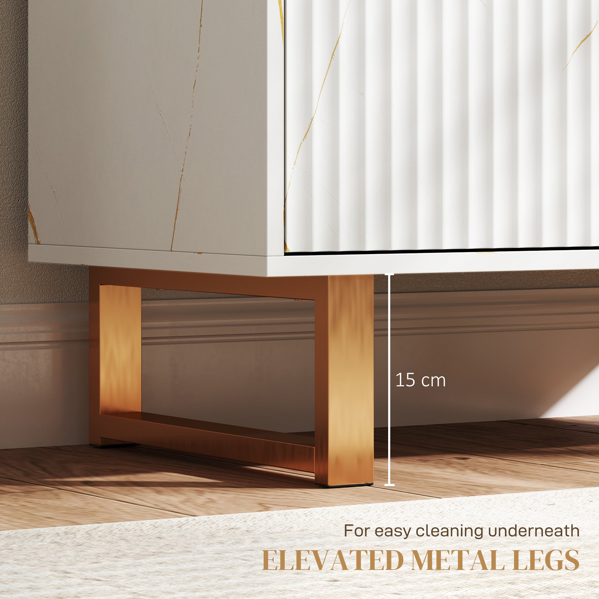 Elegant Storage Sideboard with Ridged Front and Shelves - White/Gold-Tone