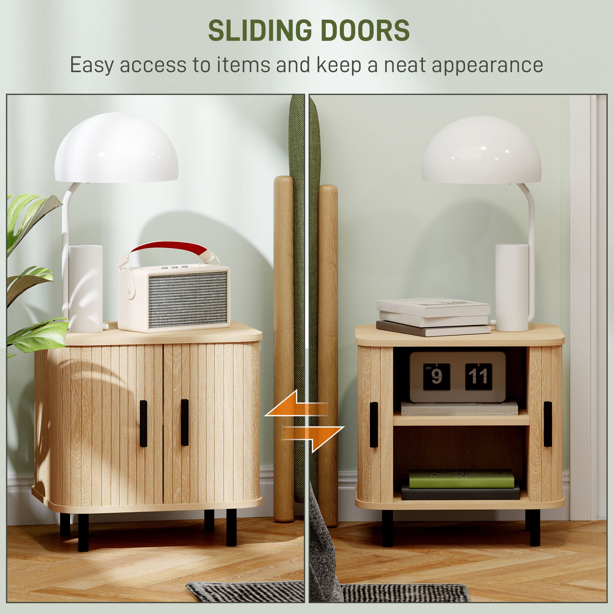 Bedside Table, Nordic Side Table with Roller Shutter Style Sliding Doors and Metal Legs for Bedroom, Living Room, Oak Tone