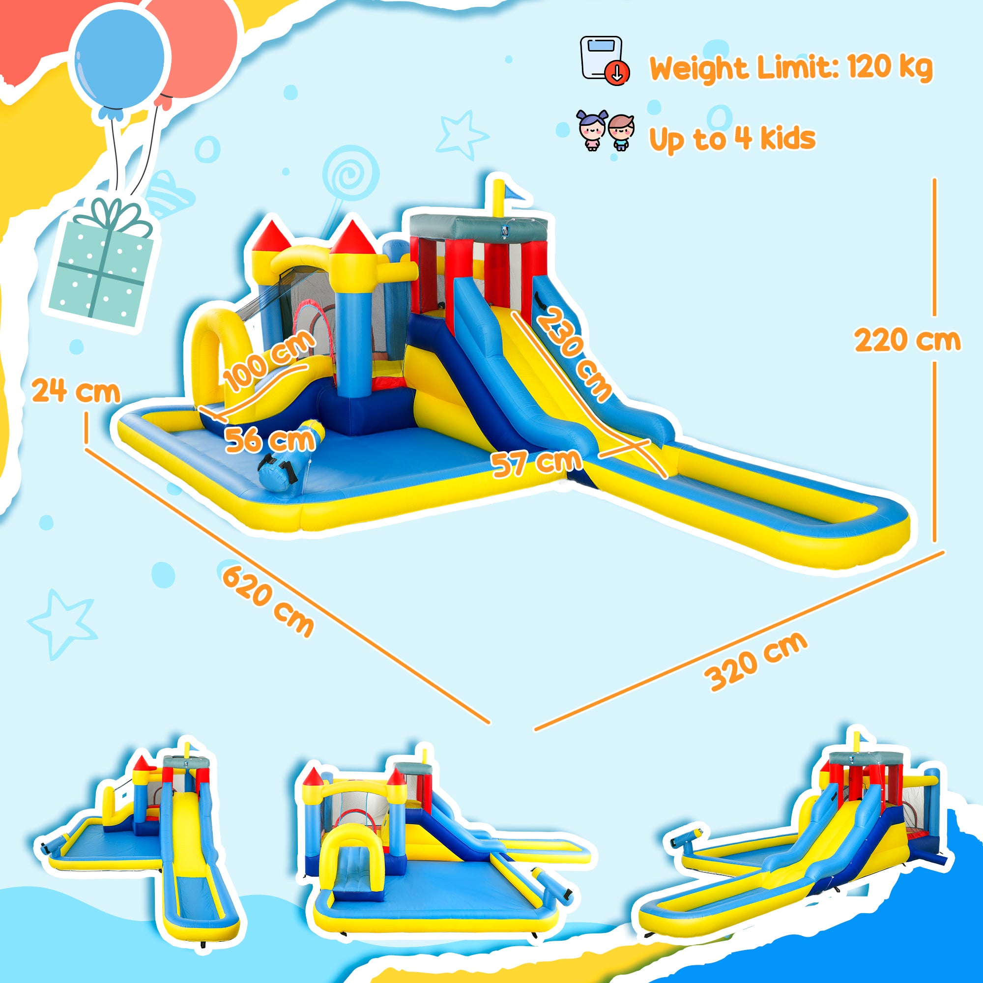 Inflatable Bouncy Castle, Kids Water Bounce House 6 in 1 with 550W Blower, 2 Slides for Garden, Party, Outdoor Indoor