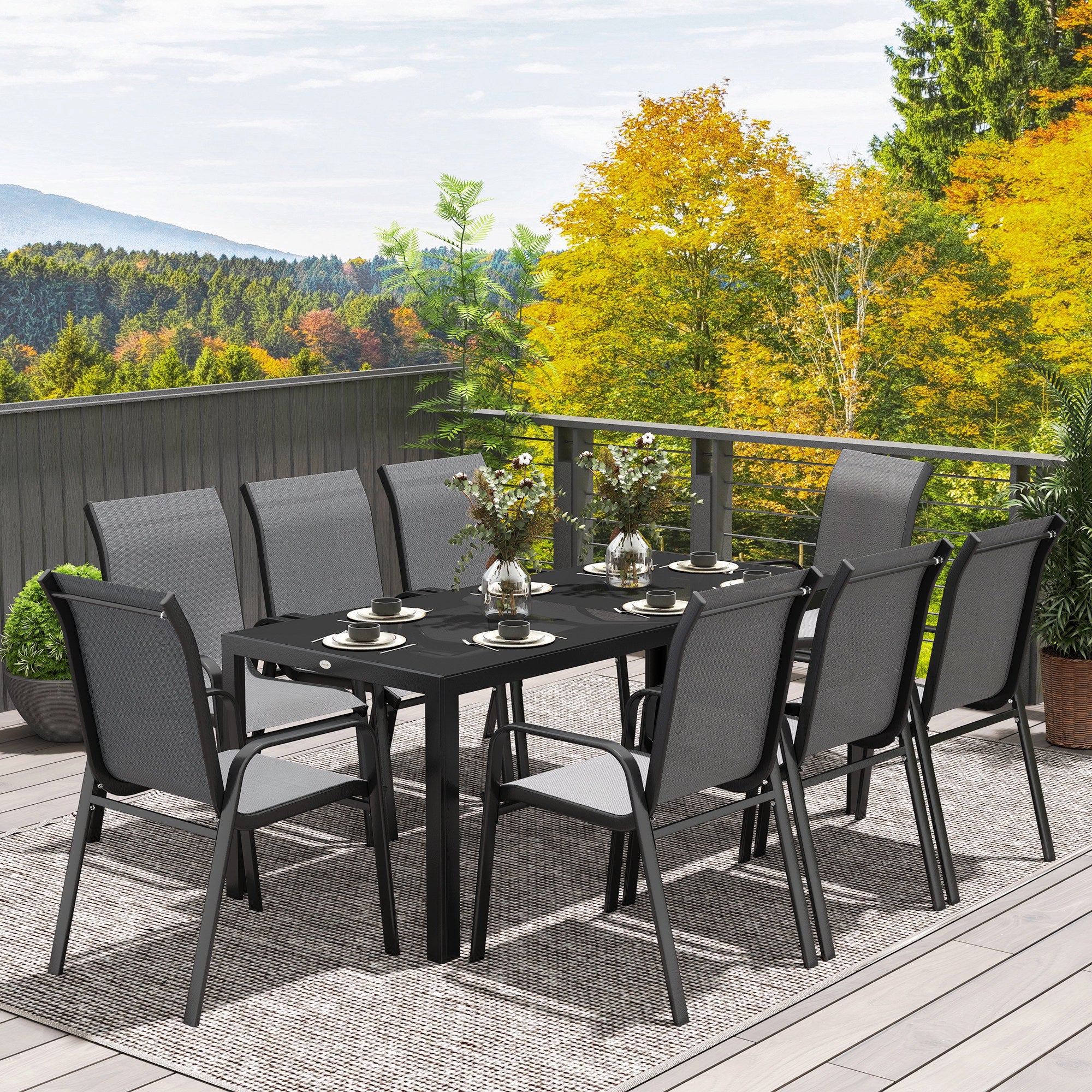 8 Seater Garden Dining Set with Stacking Chairs, Rectangular Tempered Glass Top, Garden Furniture Set, Outdoor Dining Table and Chairs for Patio, Balcony, Poolside, Dark Grey