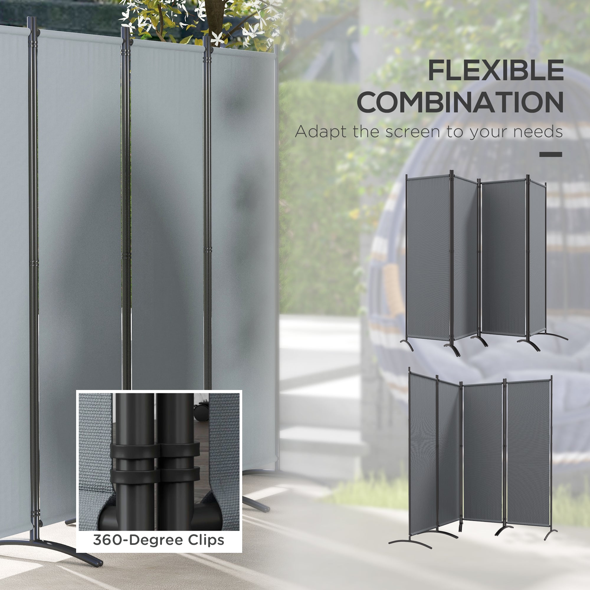 4 Panel Folding Garden Divider Privacy Screen with Wide Feet - Dark Grey