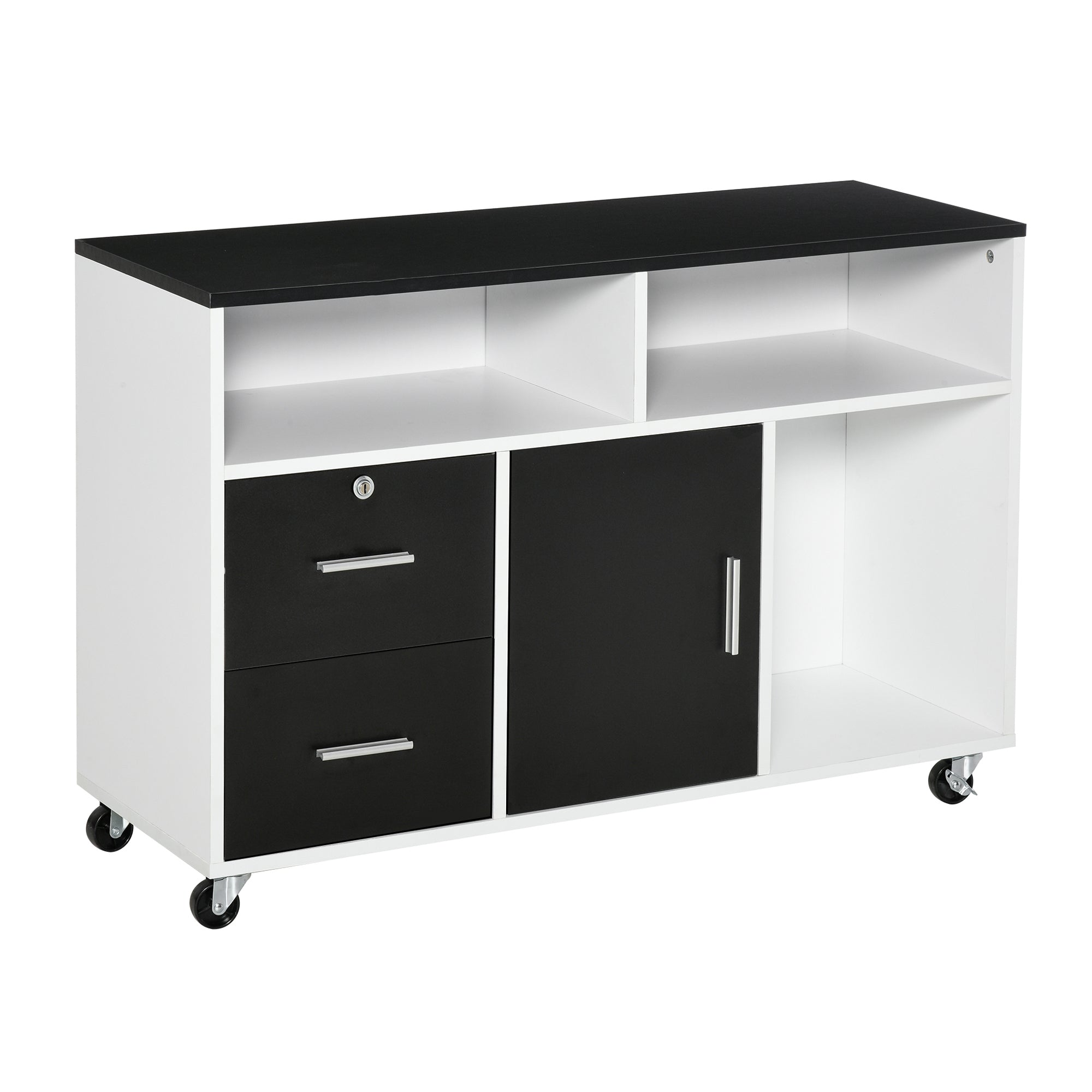 Mobile File Cabinet for Home Office, Lateral Filing Cabinet, Printer Stand with Open Shelves, Lockable Drawer,100cm x 35cm x 65cm, Black