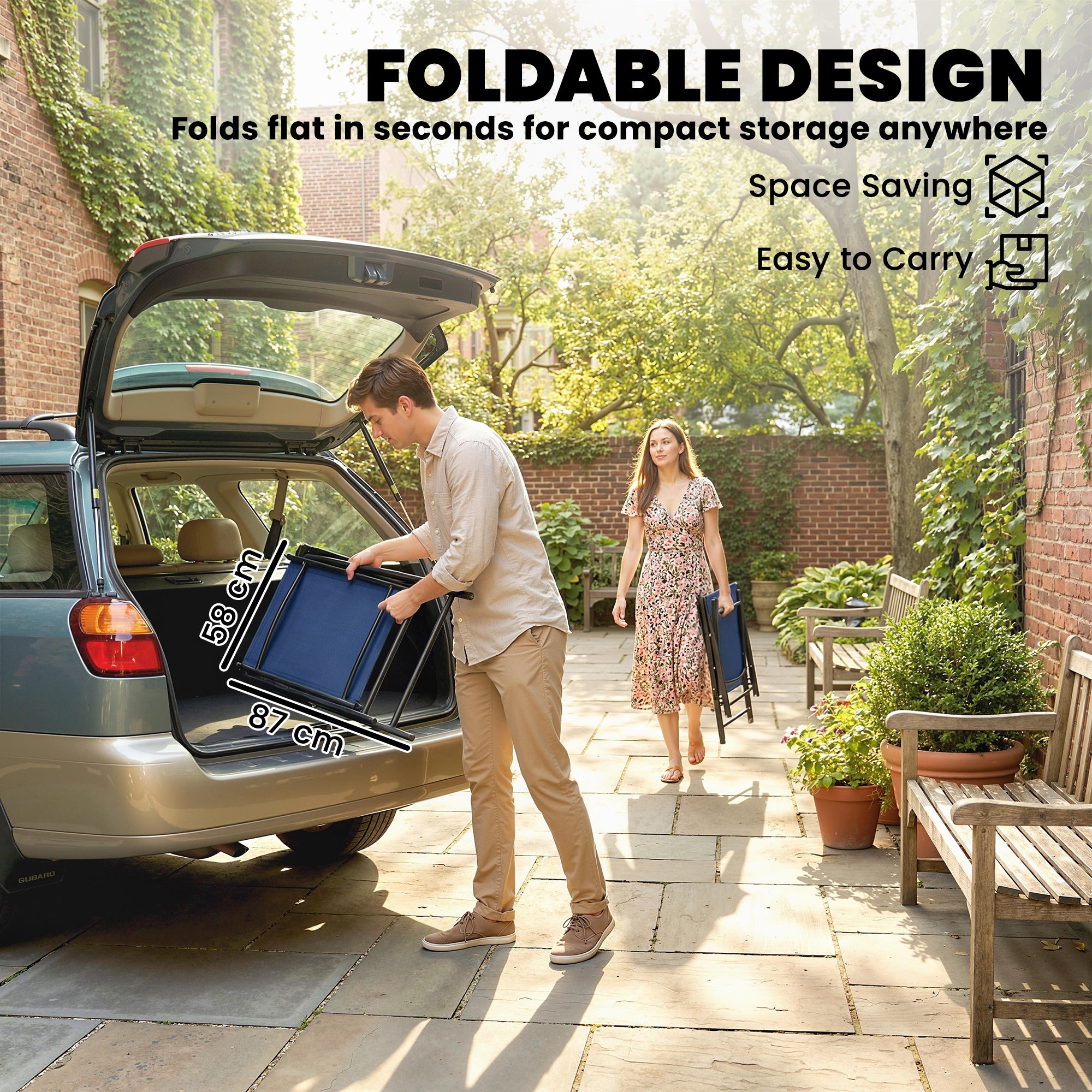 Folding Garden Chairs Set of 4, Foldable Garden Dining Chairs with High Back, Armrests, Texteline Seat, Navy Blue