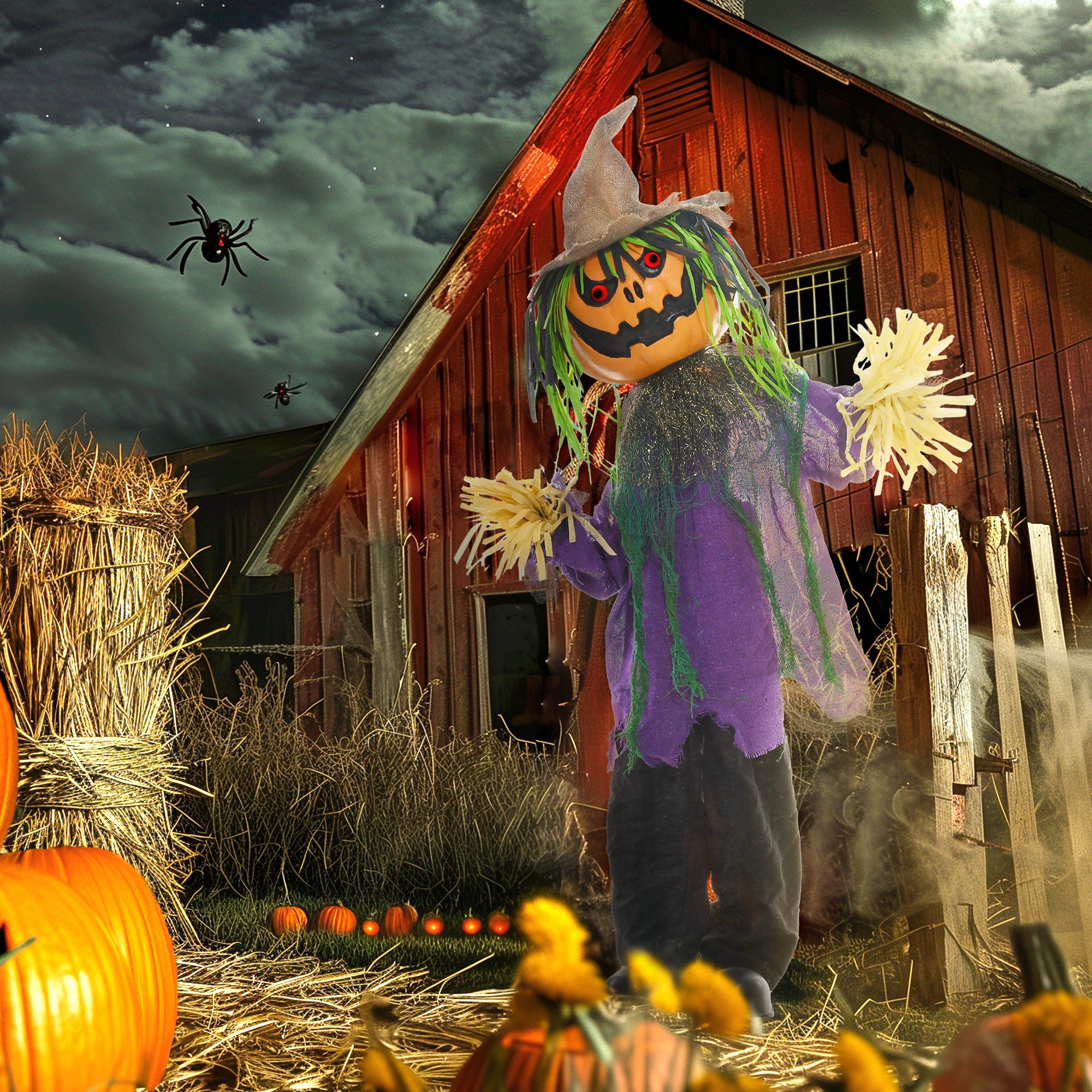 3'6" Pumpkin Scarecrow Halloween Animatronic, with Glowing Eyes