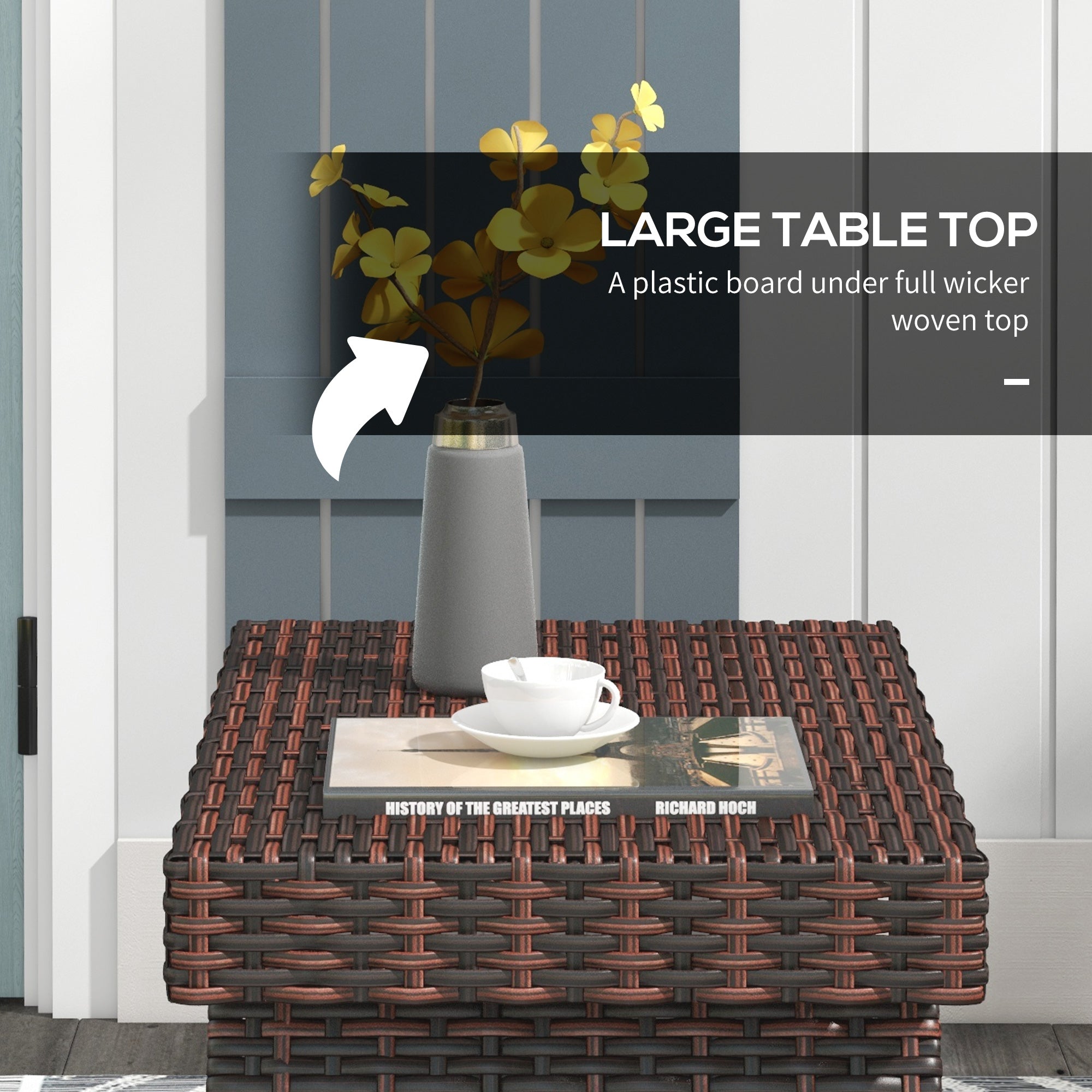 Foldable Oblong Rattan Outdoor Side Table with Steel Frame - Brown