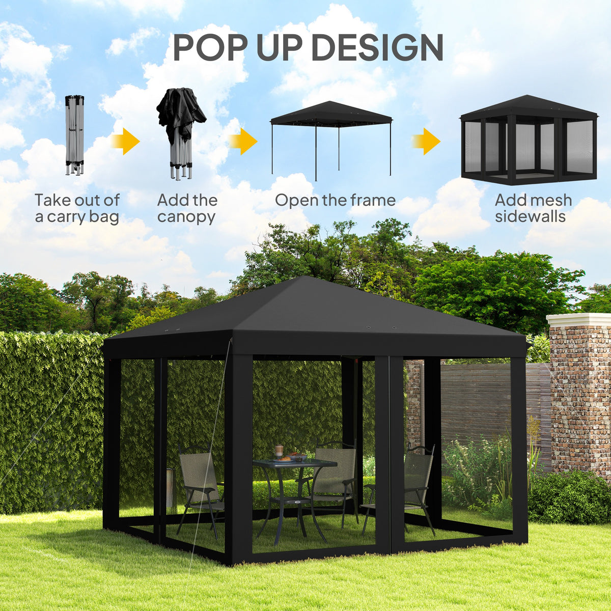 3 x 3 m Pop Up Gazebo with Removable Mesh Sidewalls and Carry Bag - Black