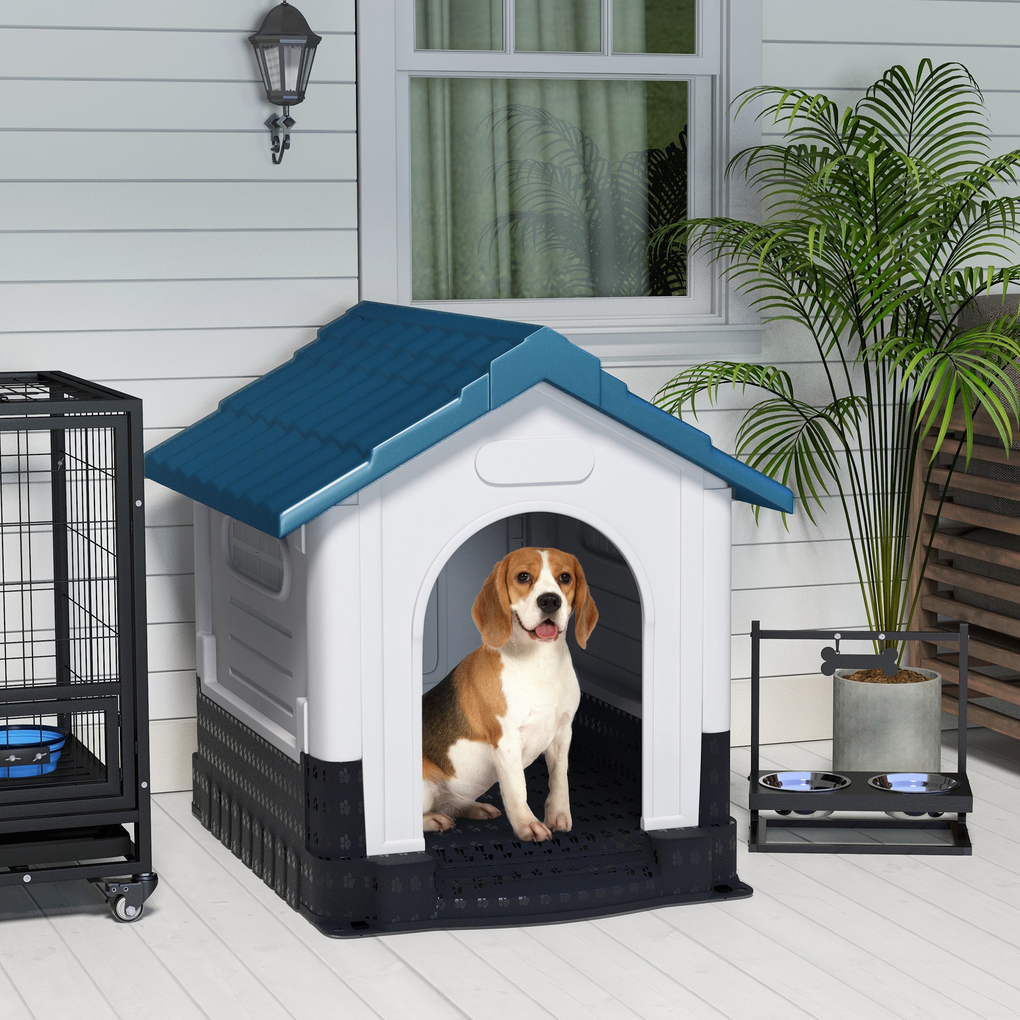 Plastic Dog Kennel with Windows, for Garden Patio, Medium and Large Dogs, 101 x 88 x 99cm - Blue