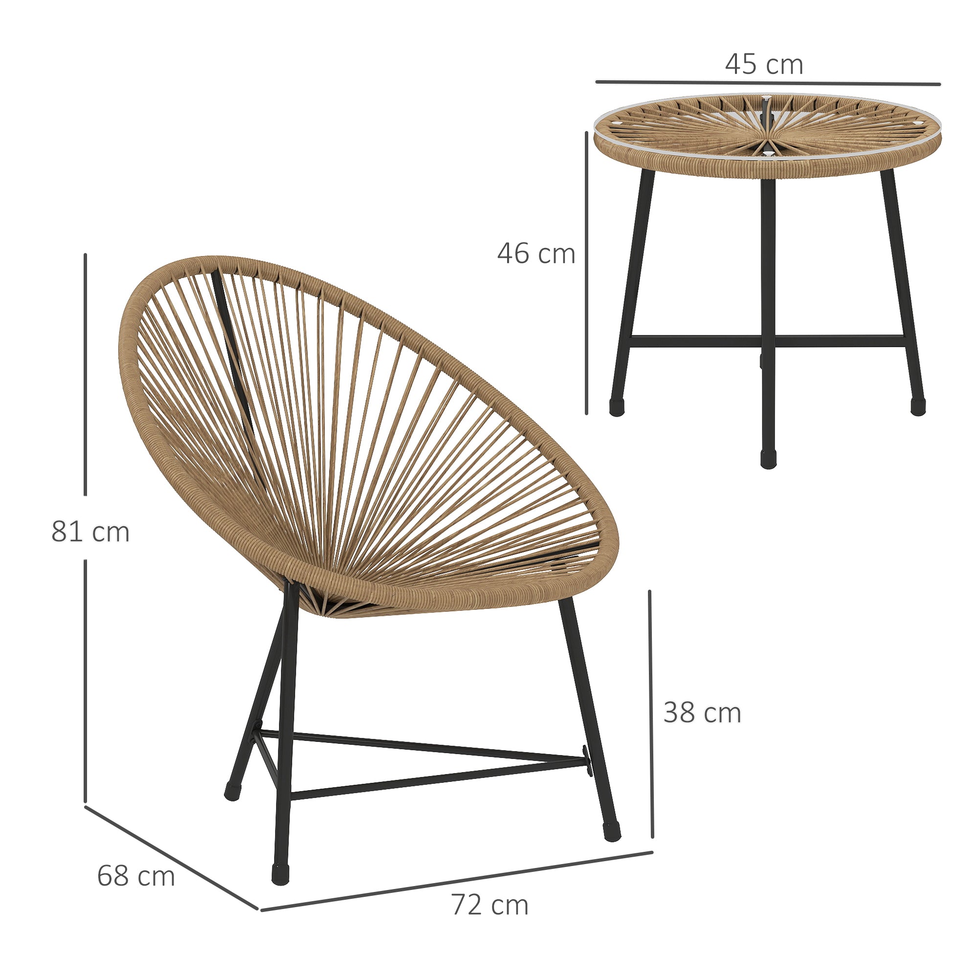 3 Pieces Rattan Bistro Set with Acapulco Chairs and Glass Top Table for Outdoor Patio Balcony - Natural