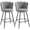 Set of Two Velvet-Feel Lotus Bar Stools - Grey