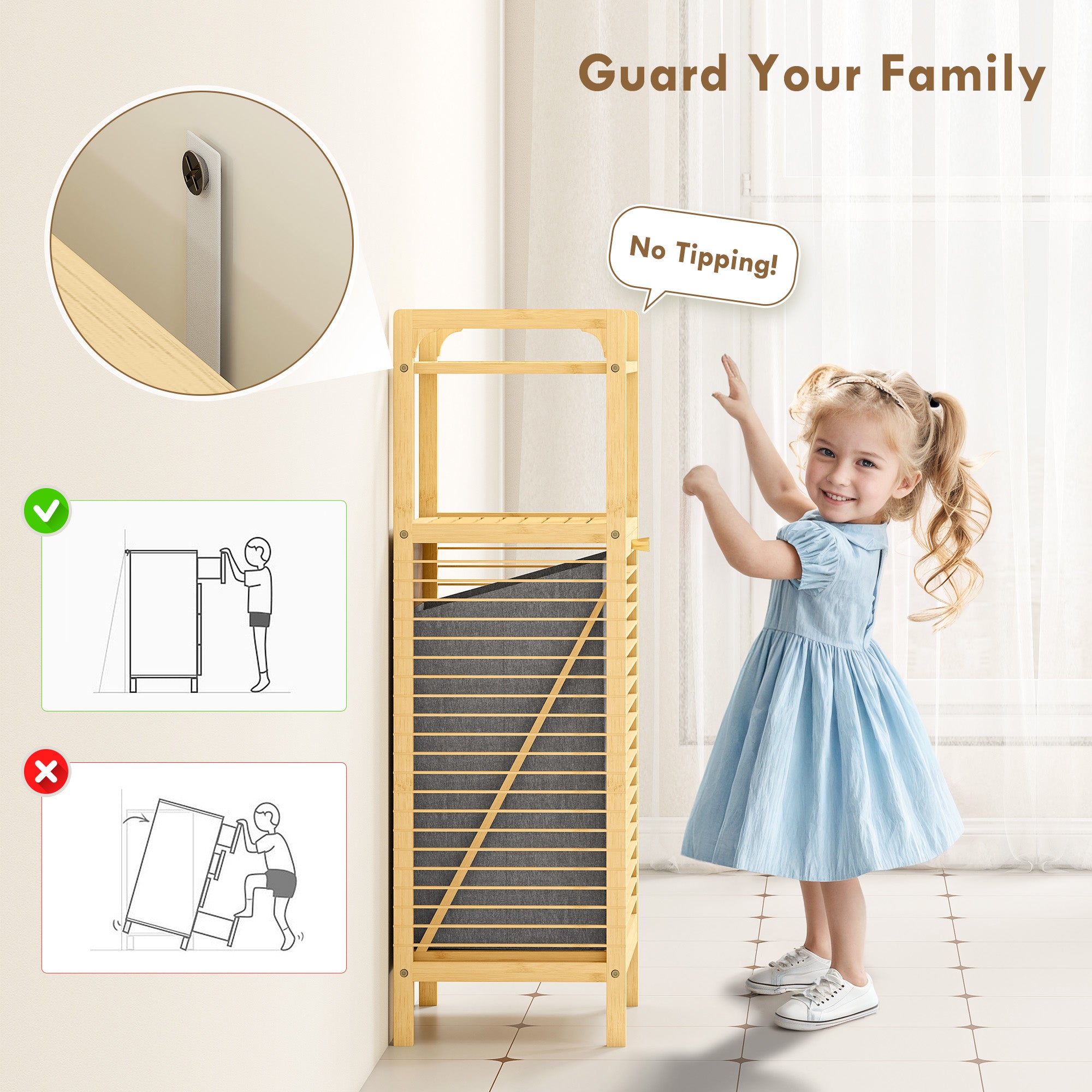 Bamboo Laundry Cabinet with Slatted Door, Bathroom Cabinet with Tilt-Out Hamper and Removable Liner Bag, 40 x 30D x 95 cm, Natural Wood Finish