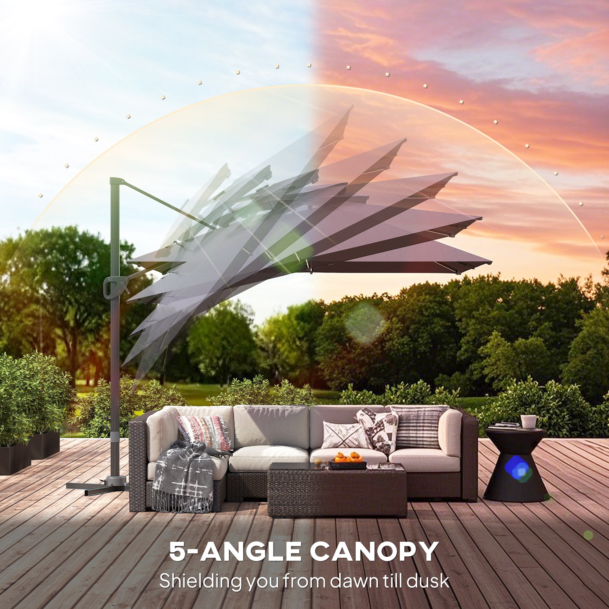 3.5x3 m Garden Cantilever Parasol with Solar LED Lights and Centre Light, Aluminium Large Square Patio Umbrella, UPF50+ Hanging Sun Shade with Cross Base, Crank Handle and Tilt, Grey
