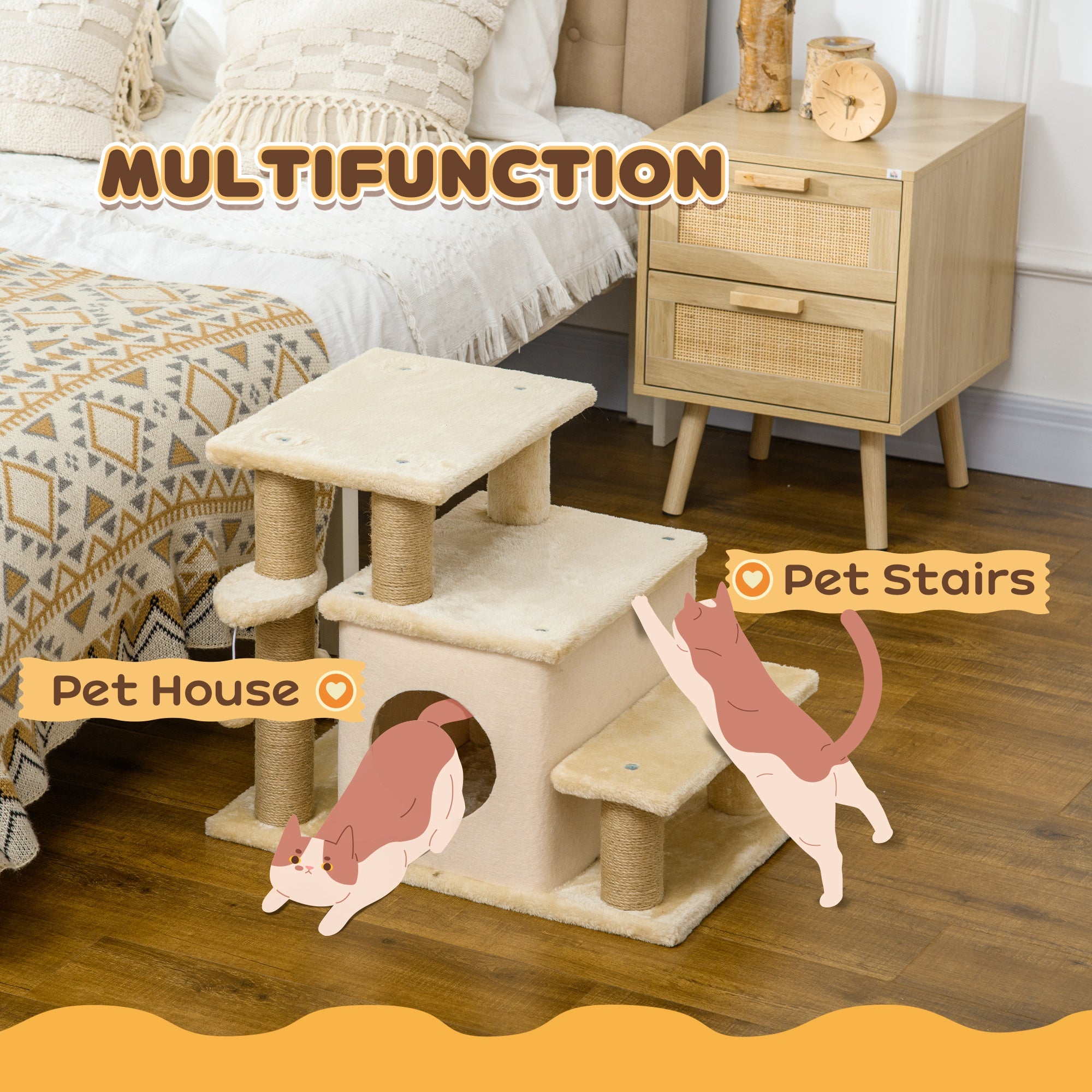 Adjustable Cat Steps, with House & Hanging Toy Ball - Beige