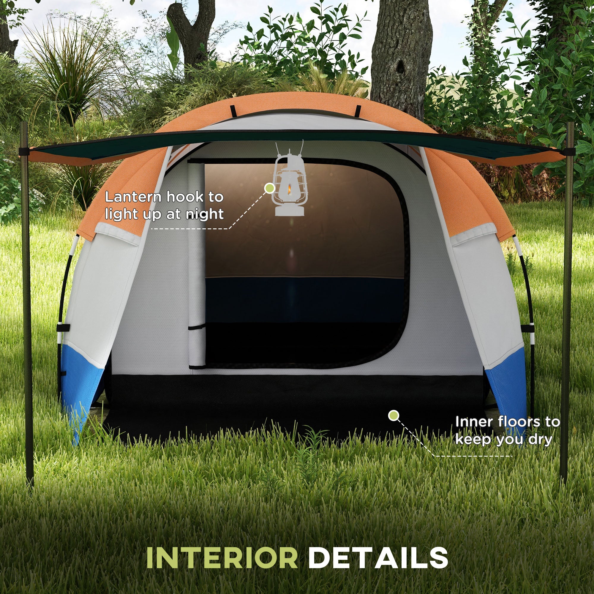 Camping Tent, Large Tunnel Tent with Bedroom and Living Area, 2000mm Waterproof, Portable with Bag for 2-3 Man, Orange