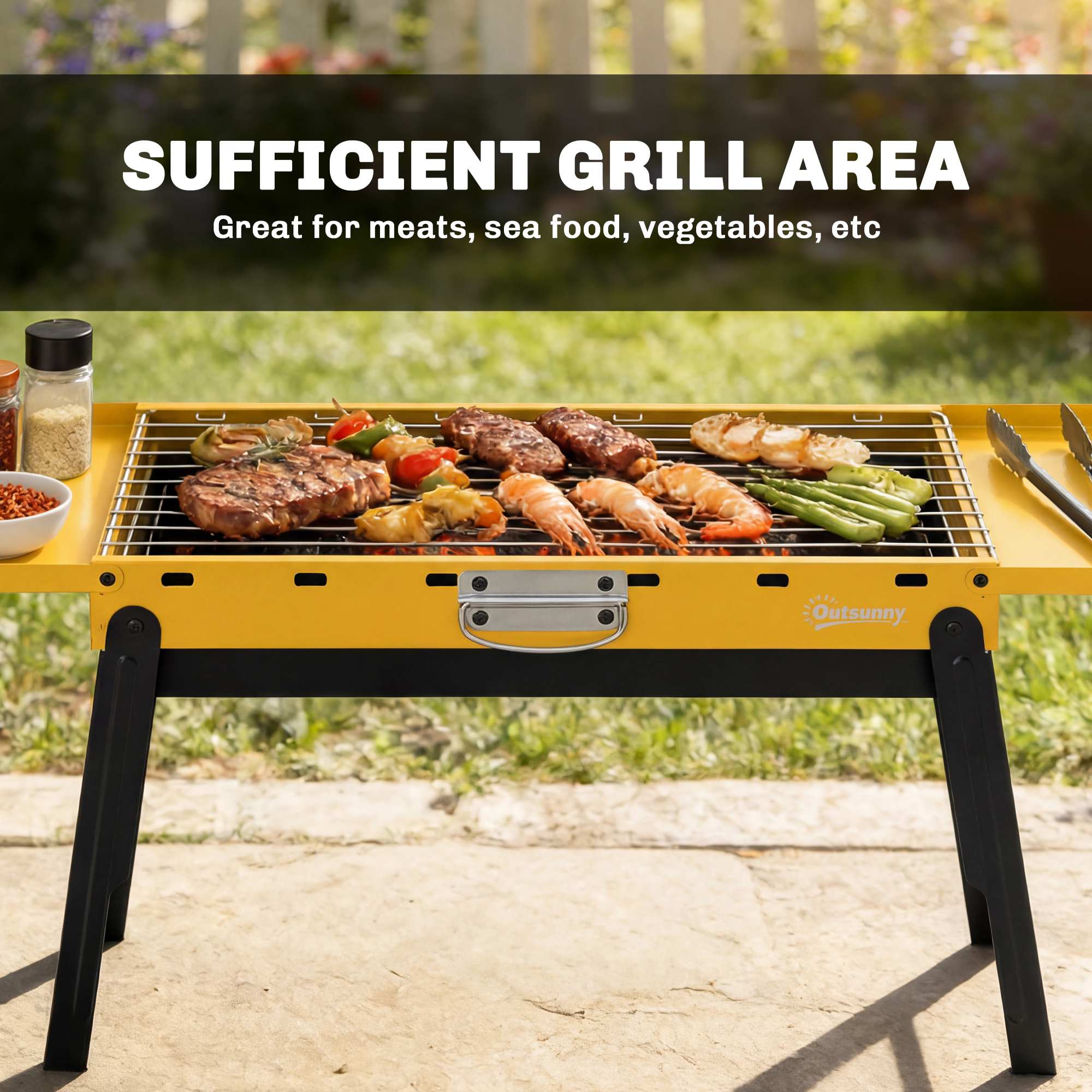Portable BBQ Grill, Foldable Charcoal Grill for Camping and Picnics with 2 Side Shelves and Handle, Yellow