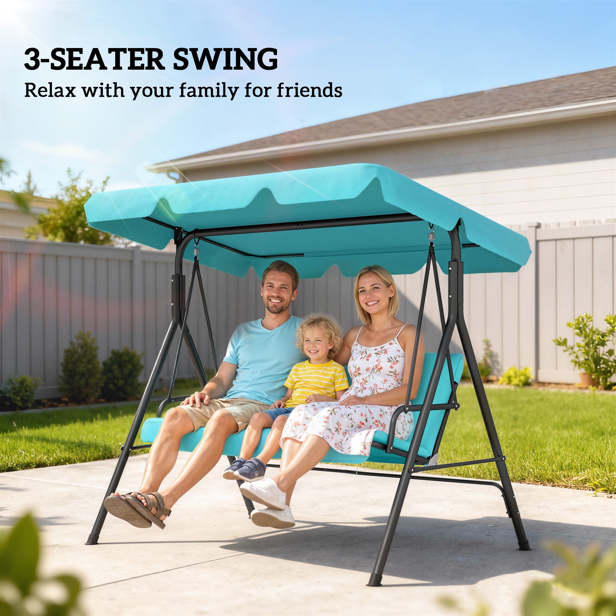 Three-Seater Garden Swing Chair, with Adjustable Canopy - Blue