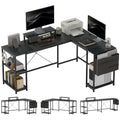 168cm Reversible L Shaped Industrial Corner Desk with Adjustable Shelf, Storage Bag & Monitor Stand, 240cm 2 Person Desk - Black