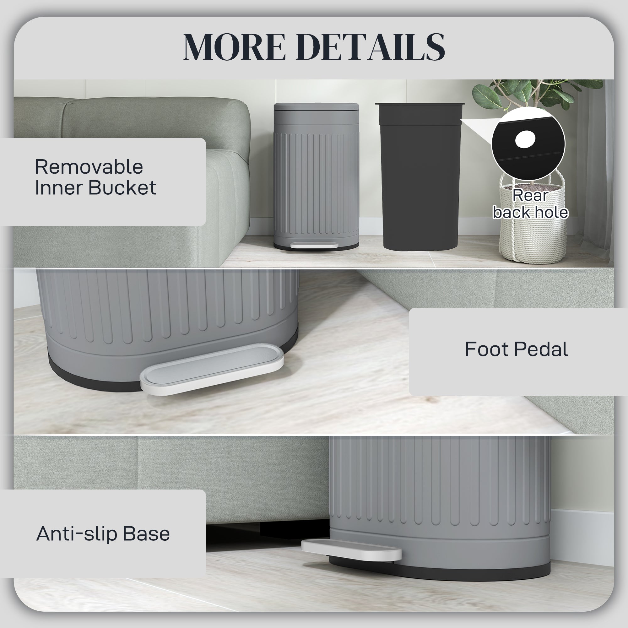 30 Litre Metal Pedal Bin with Soft-Close Lid and Removable Inner Bucket - Grey