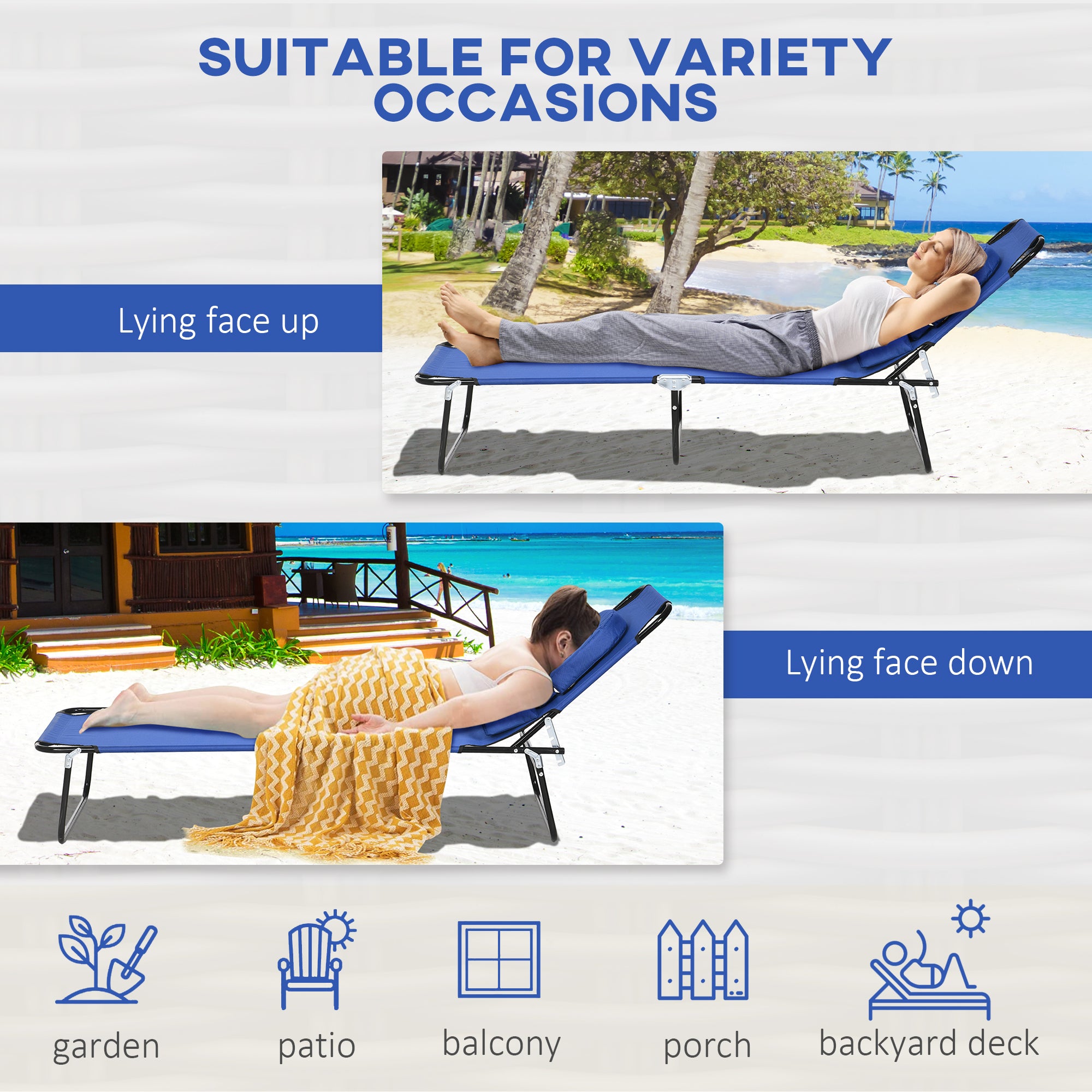 Outdoor Foldable Sun Lounger Set of 2, 4 Level Adjustable Backrest Reclining Sun Lounger Chair with Pillow and Reading Hole, Blue