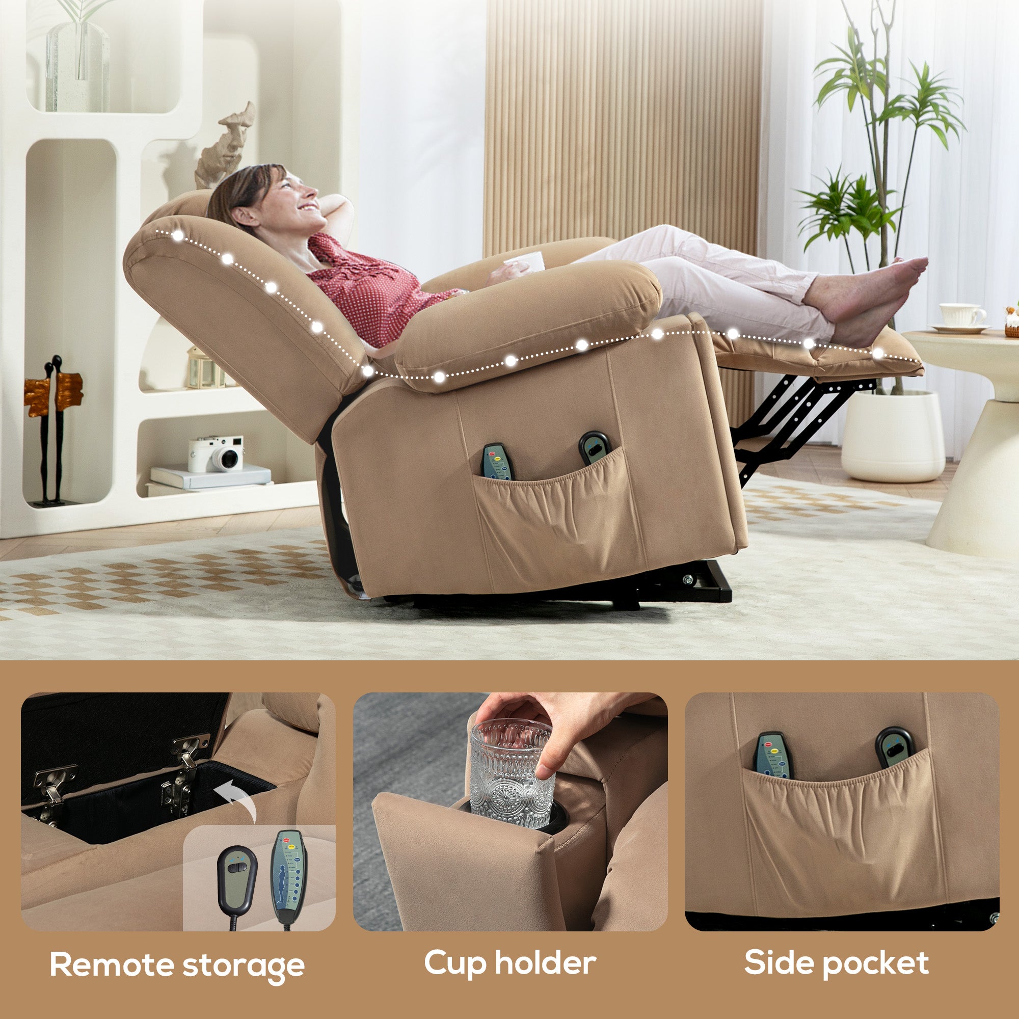 Power Lift Recliner Chair with Vibration Massage and Heat, Electric Lift Chair for Elderly, Overstuffed Fabric Riser and Reclining Armchair with USB Ports, Cup Holders, Light Brown