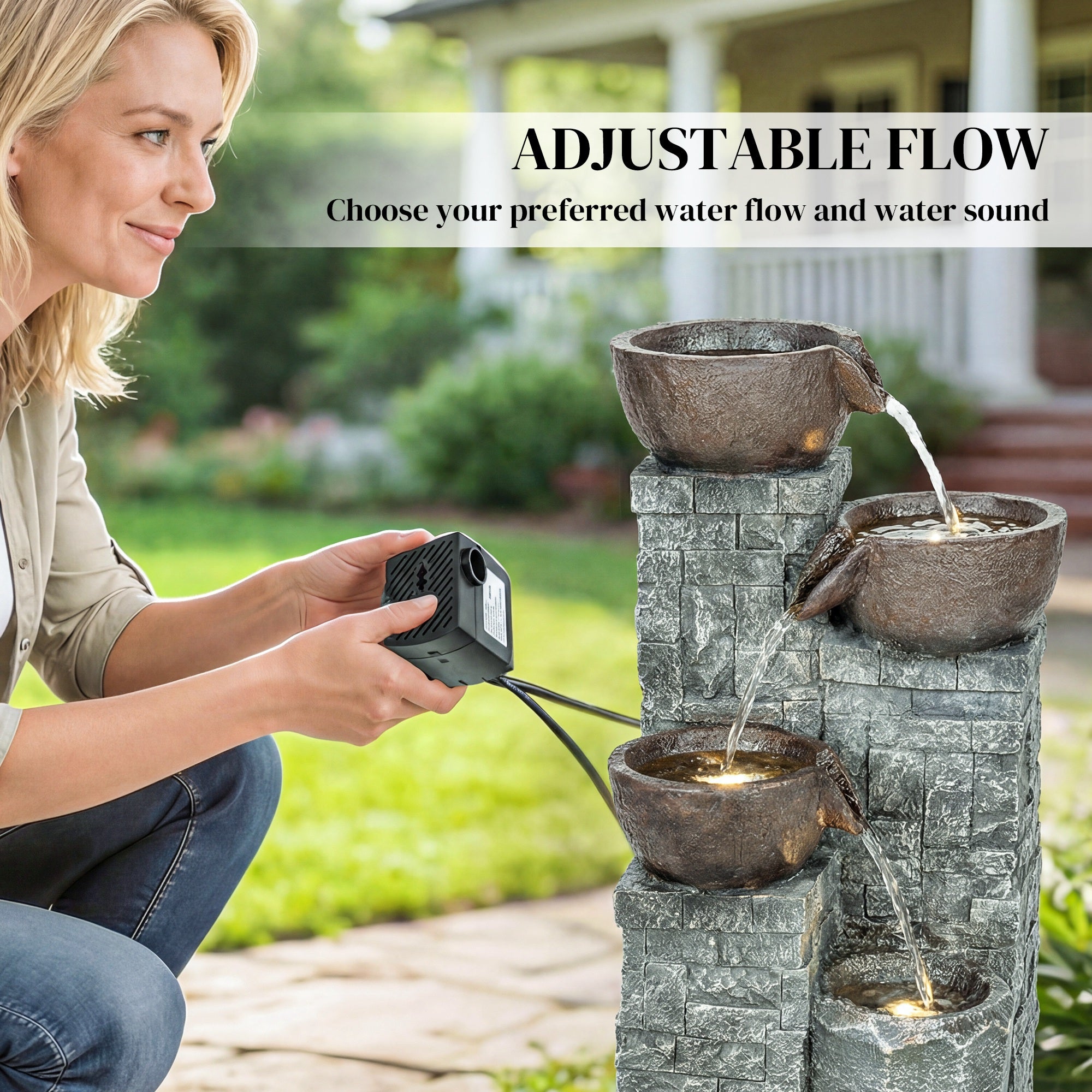 4-Tier Outdoor Fountain, Cascading Waterfall, Garden Fountain with LED Lights, Adjustable Flow, Grey and Rustic Brown