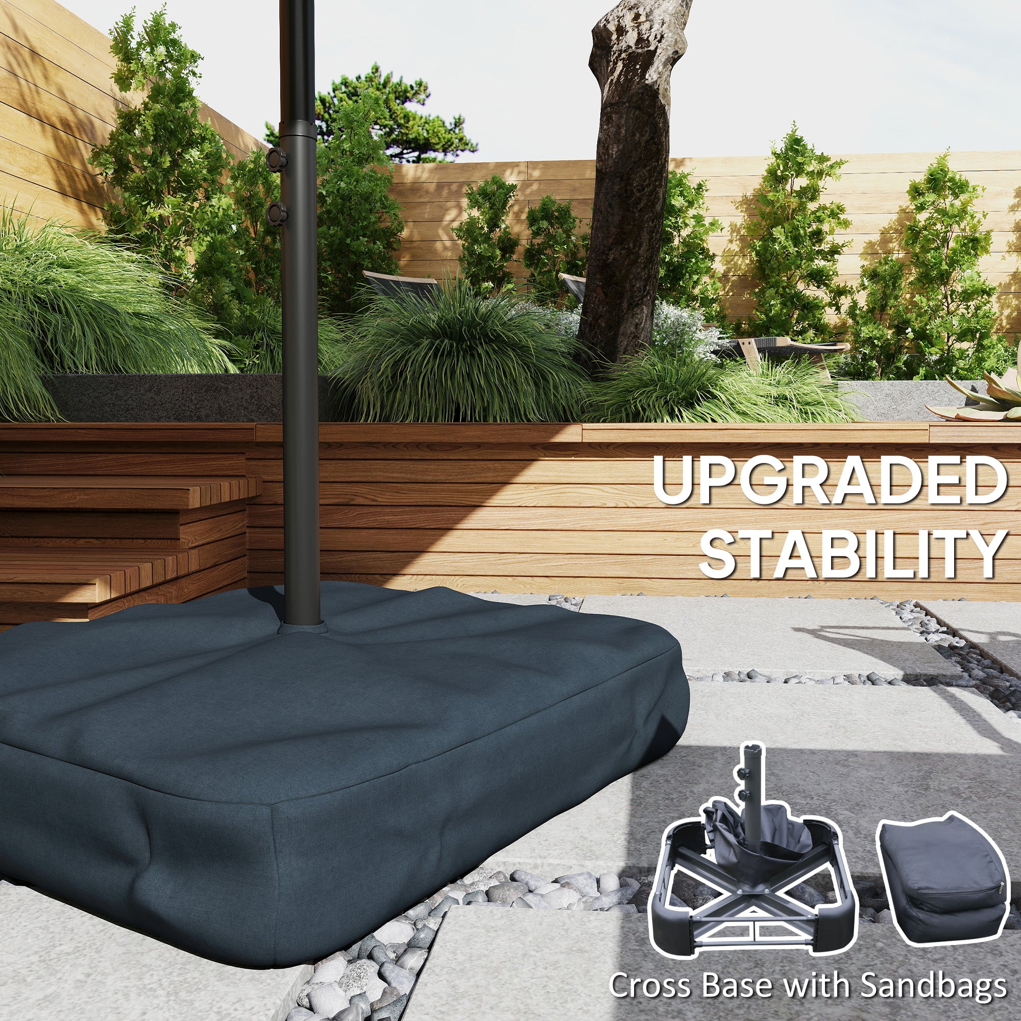 Patio Umbrella Double-Sided Outdoor Umbrella with Solar Lights Base, Khaki