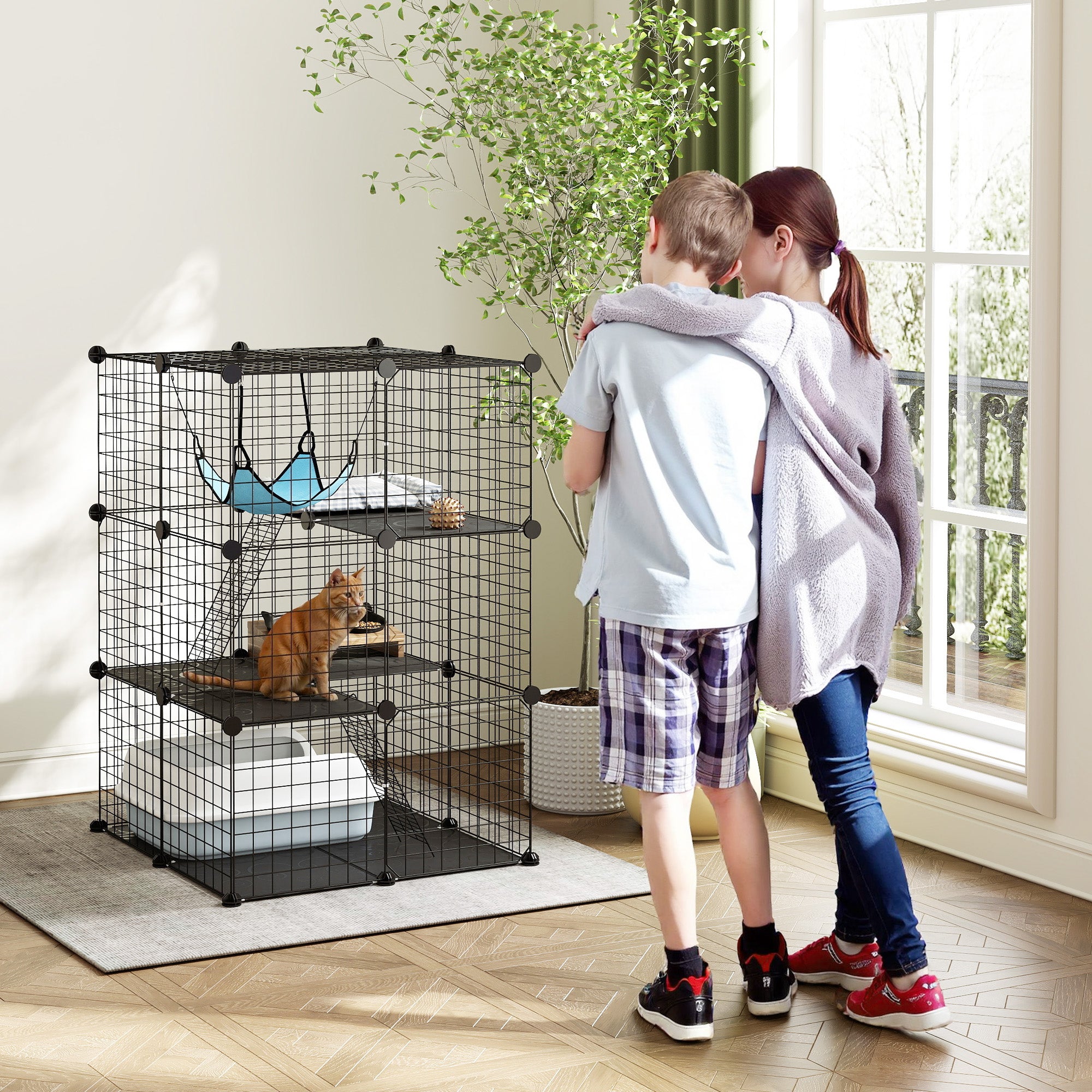 Indoor Cat Cage DIY Customizable 3-Tier Indoor Cat Enclosure with 3 Doors and Hammock 105 cm Black