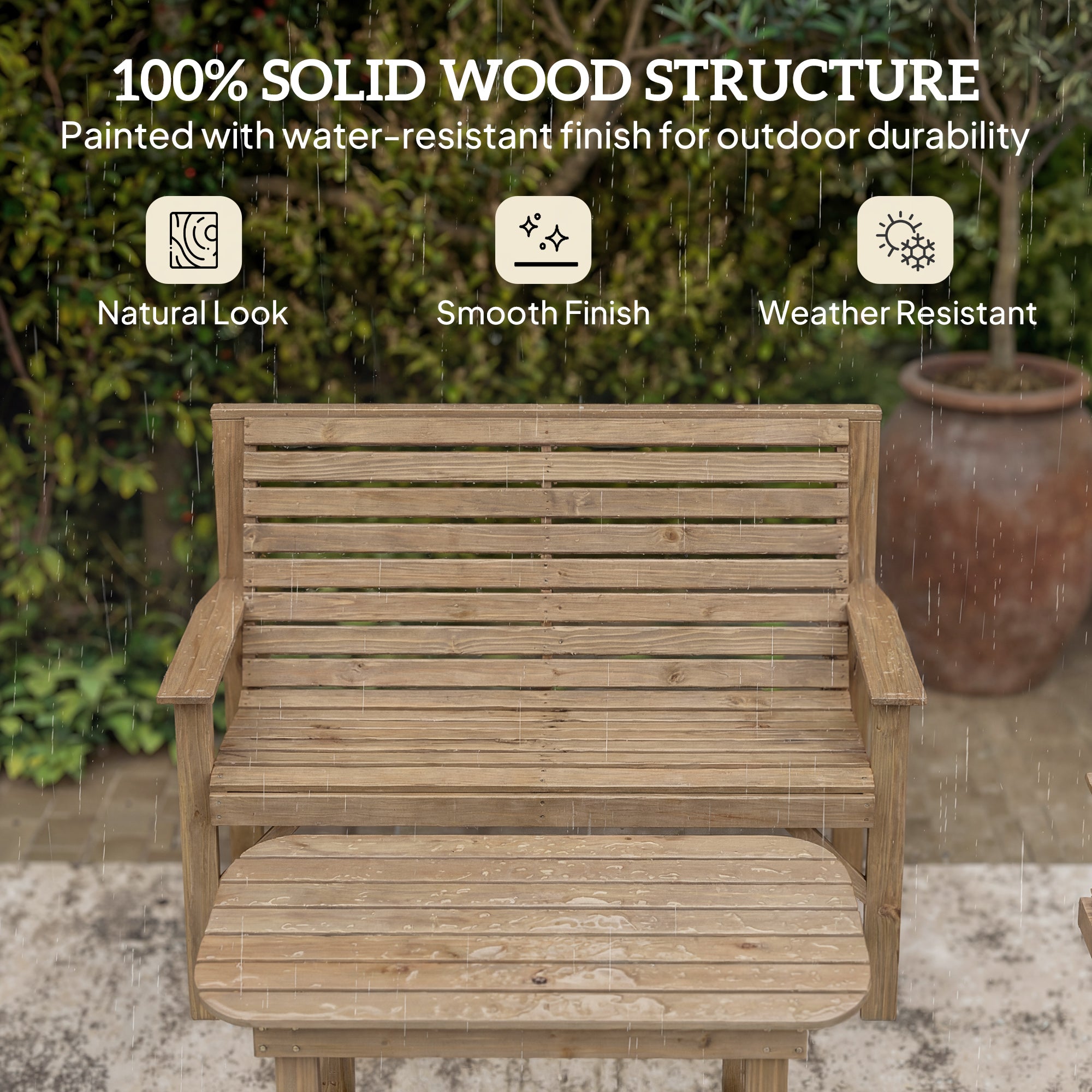 4 Piece Wooden Garden Furniture Set, Outdoor Garden Sofa Set with 2 Armchairs, Loveseat and Coffee Table, Natural Wood