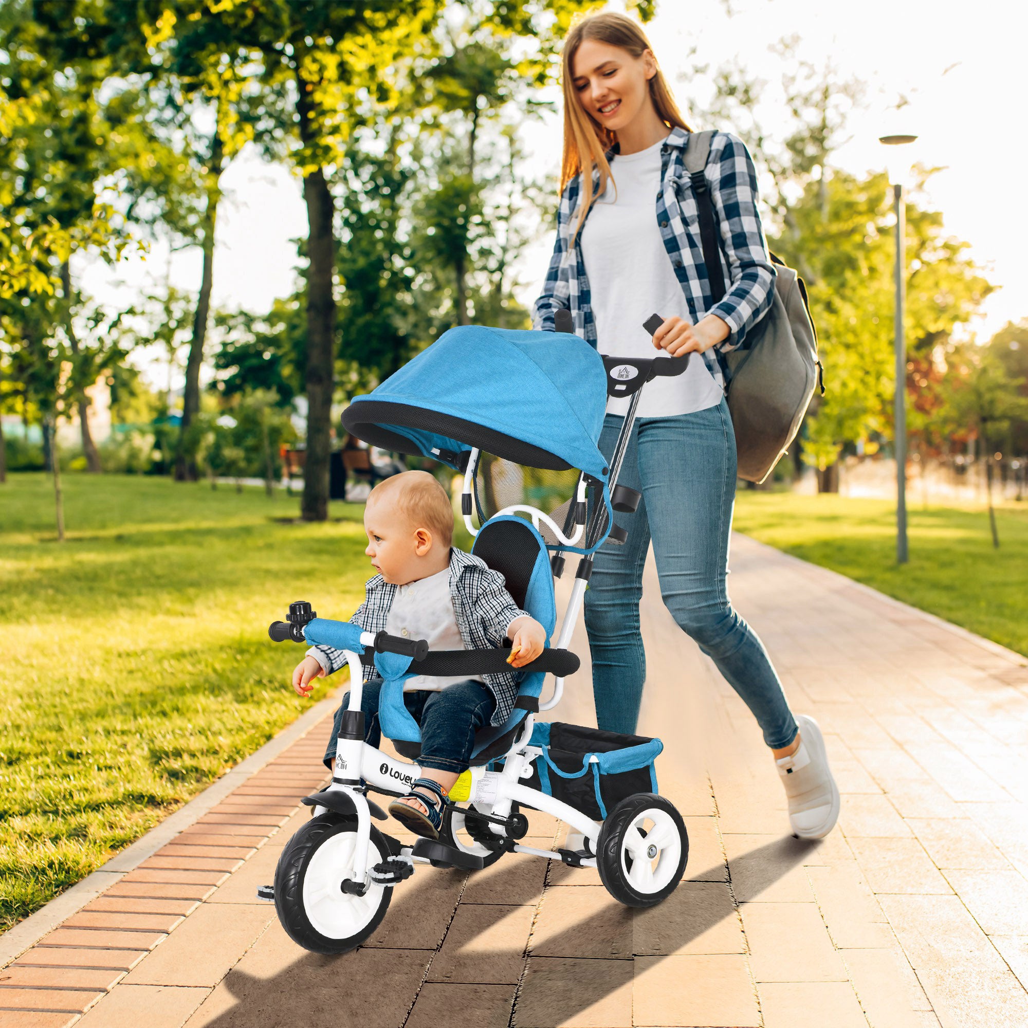 6 in 1 Kids Trike Push Bike w/ Push Handle, Canopy, 5-point Safety Belt, Storage, Footrest, Brake, for 1-5 Years, Blue