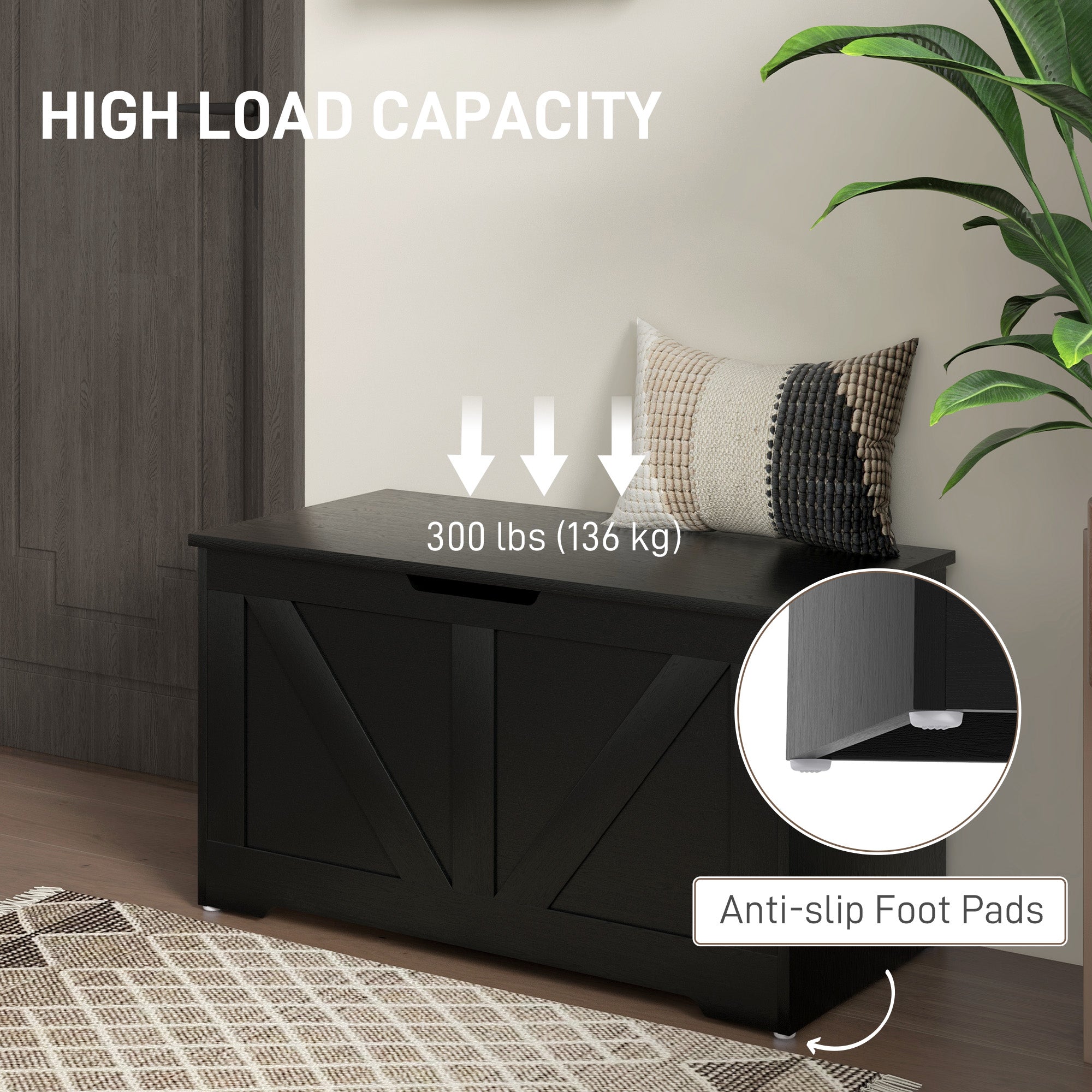 100L Home Storage Box, with Safety Hinges - Black Wood-Effect