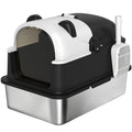 Panda Style XL Stainless Steel Cat Litter Box with Lid, Enclosed Kitty Litter Box with Scoop, 60 x 40 x 45 cm