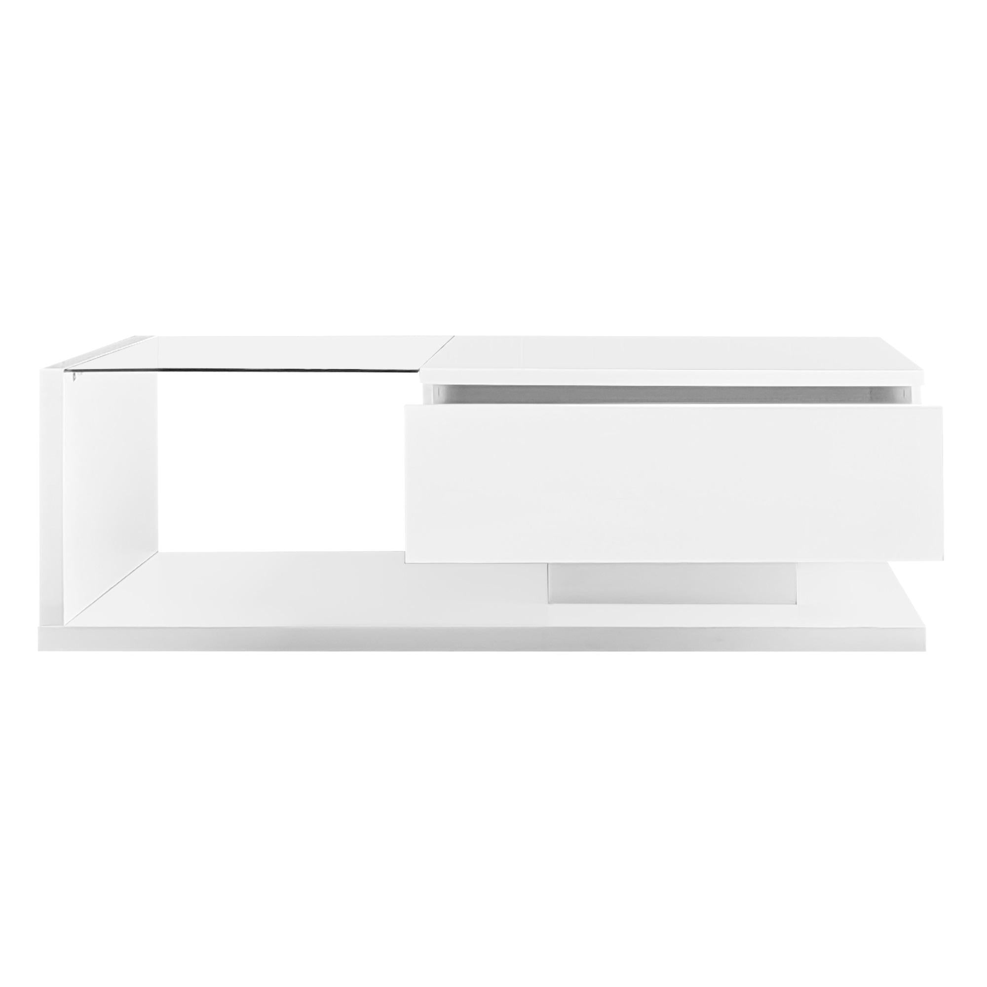 High-Gloss Coffee Table with Glass Top and LED Lights, Sofa Table for Living Room, 105L x 55W x 32.5H cm, White
